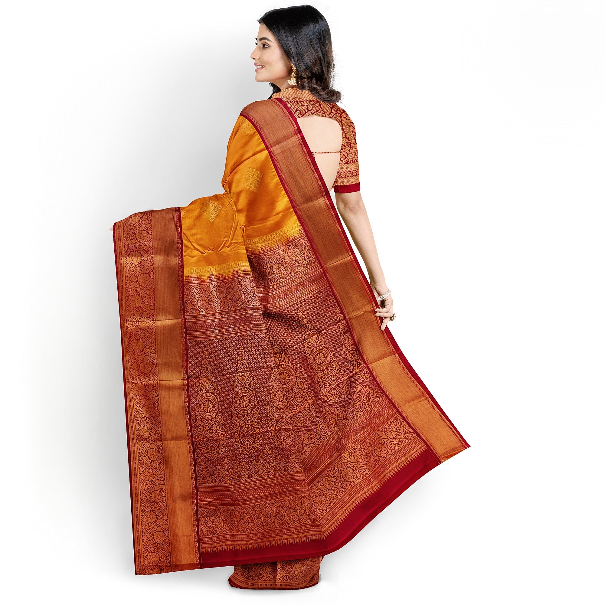 Mustard Yellow Saree with Maroon Red Border – Traditional Charm - New Sudarshan Silks`
