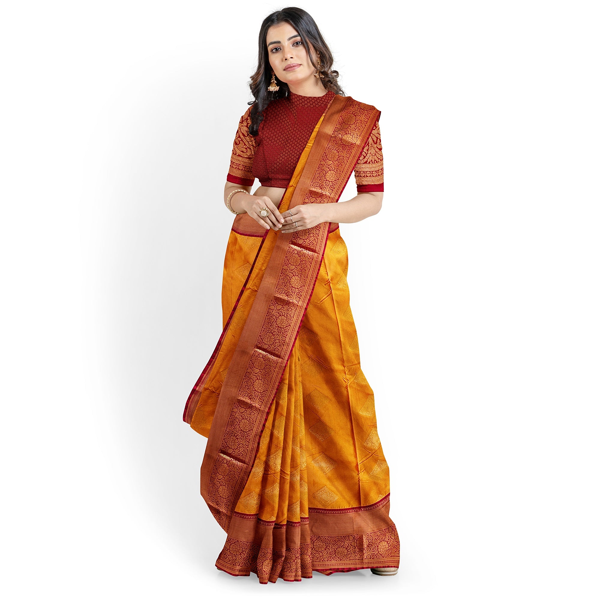 Mustard Yellow Saree with Maroon Red Border – Traditional Charm - New Sudarshan Silks`