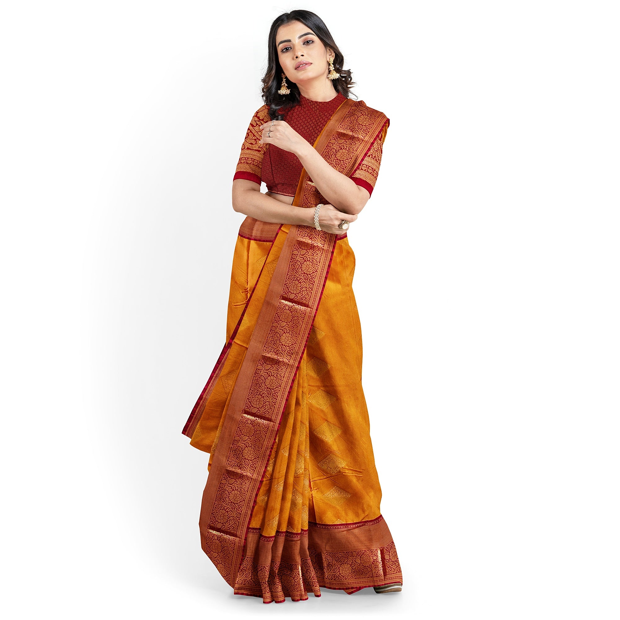 Mustard Yellow Saree with Maroon Red Border – Traditional Charm - New Sudarshan Silks`