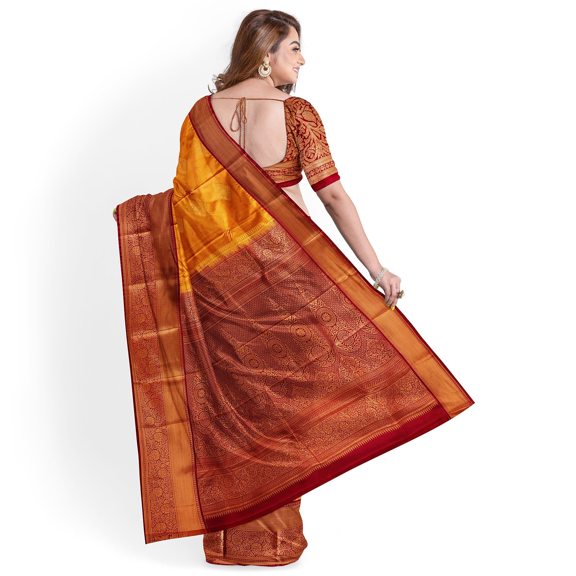 Mustard Yellow Saree with Maroon Red Border – Traditional Charm - New Sudarshan Silks`
