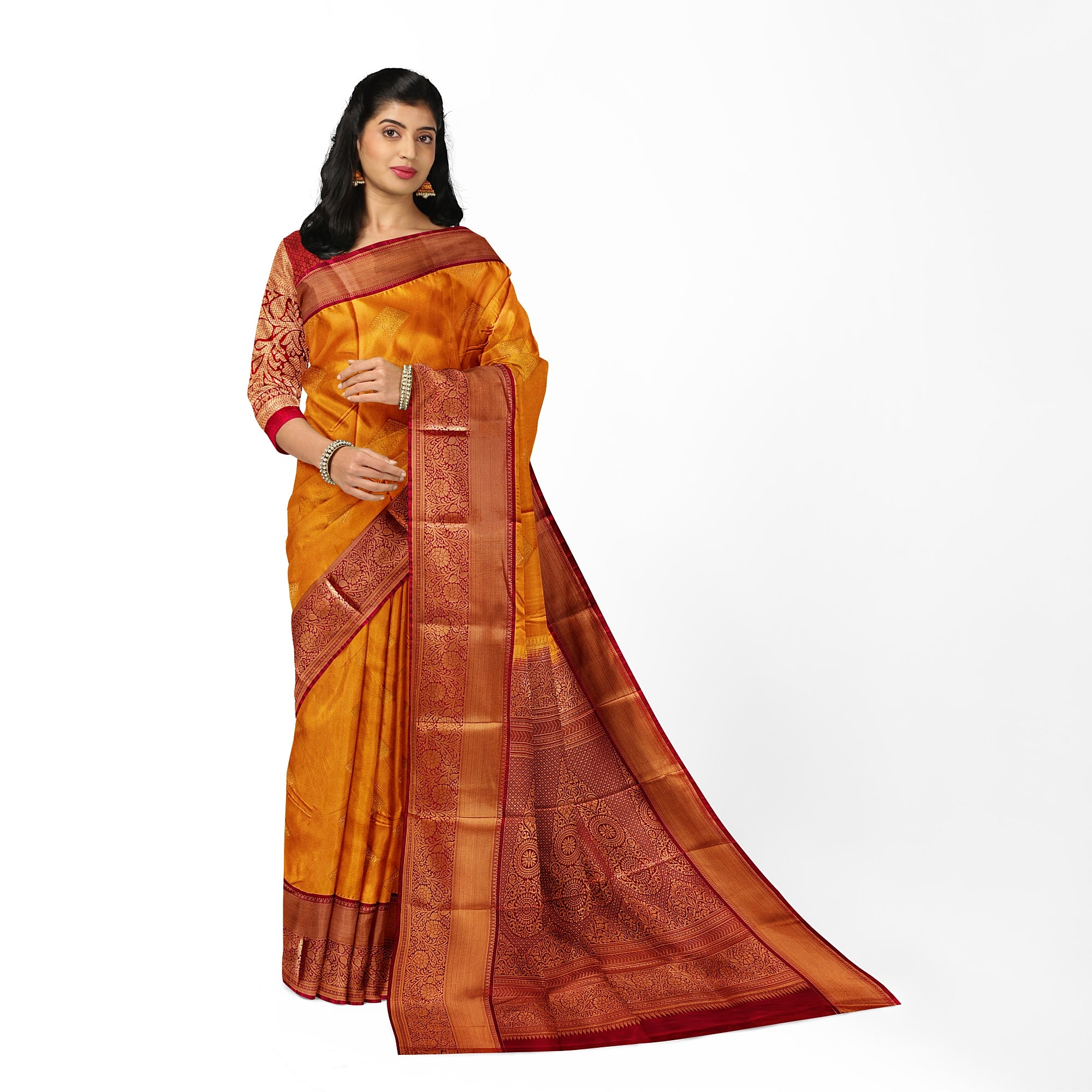 Mustard Yellow Saree with Maroon Red Border – Traditional Charm - New Sudarshan Silks`