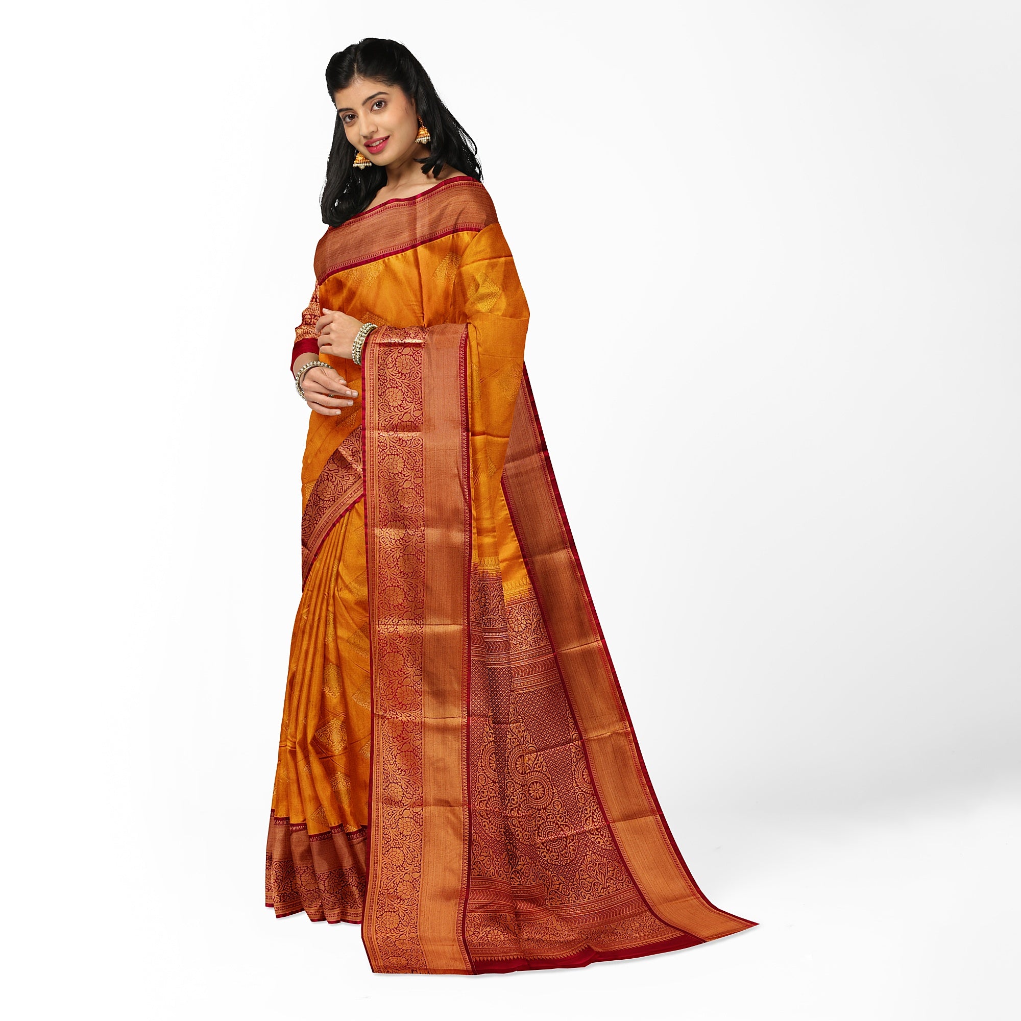Mustard Yellow Saree with Maroon Red Border – Traditional Charm - New Sudarshan Silks`