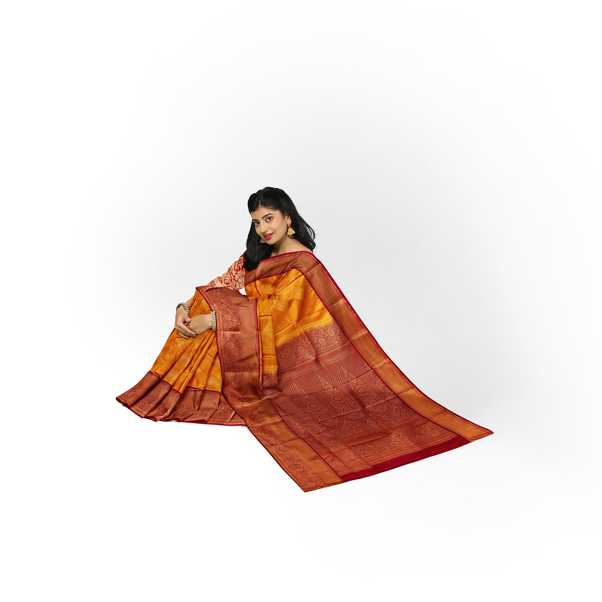 Mustard Yellow Saree with Maroon Red Border – Traditional Charm - New Sudarshan Silks`