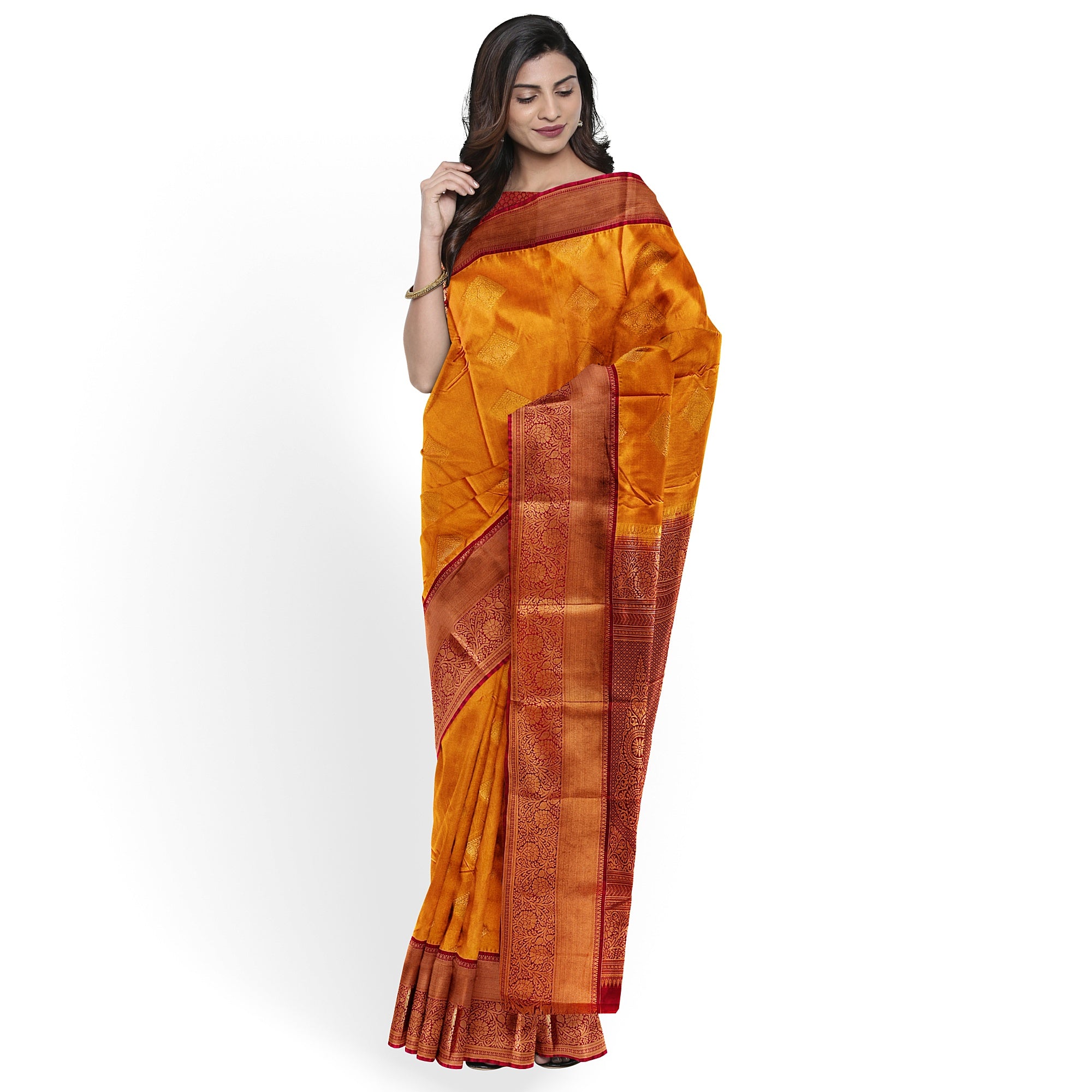 Mustard Yellow Saree with Maroon Red Border – Traditional Charm - New Sudarshan Silks`
