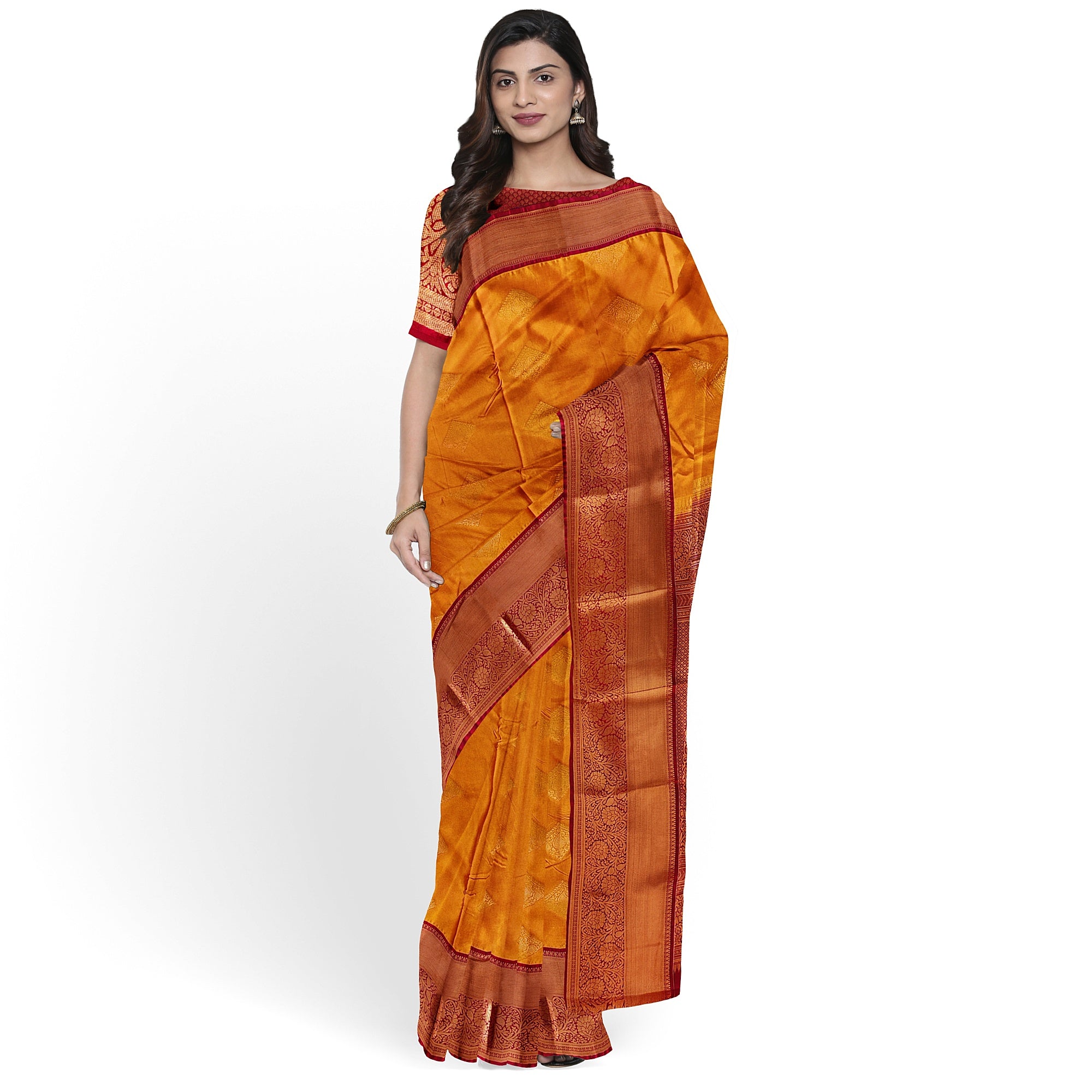 Mustard Yellow Saree with Maroon Red Border – Traditional Charm - New Sudarshan Silks`