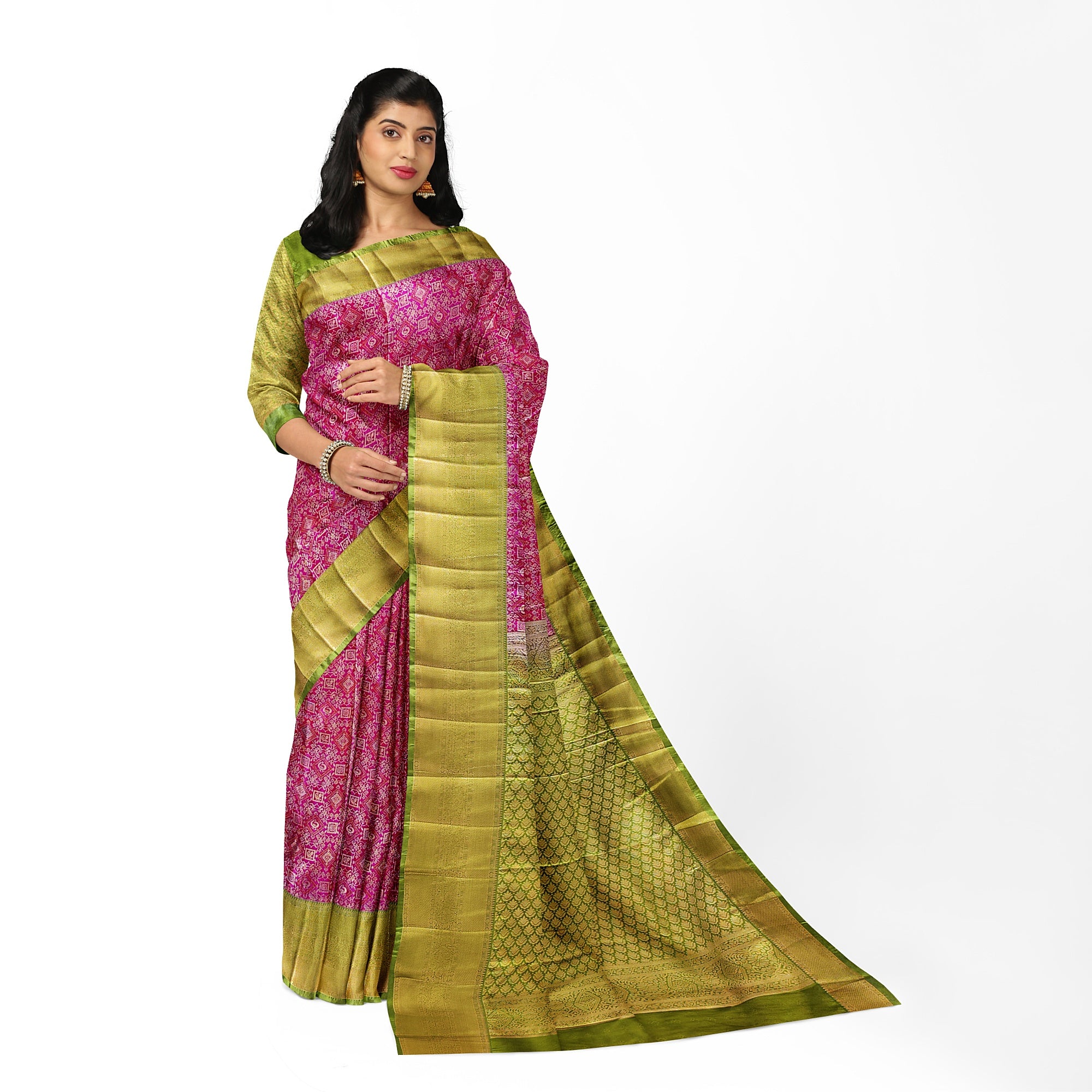Pink Semi Silk Brocade Saree with Green Border - New Sudarshan Silks`