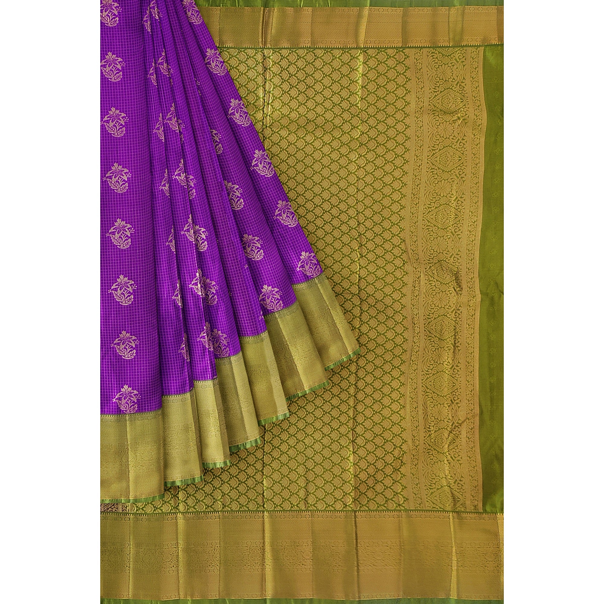 Purple Checks Saree with Green Border – New Arrival - New Sudarshan Silks`