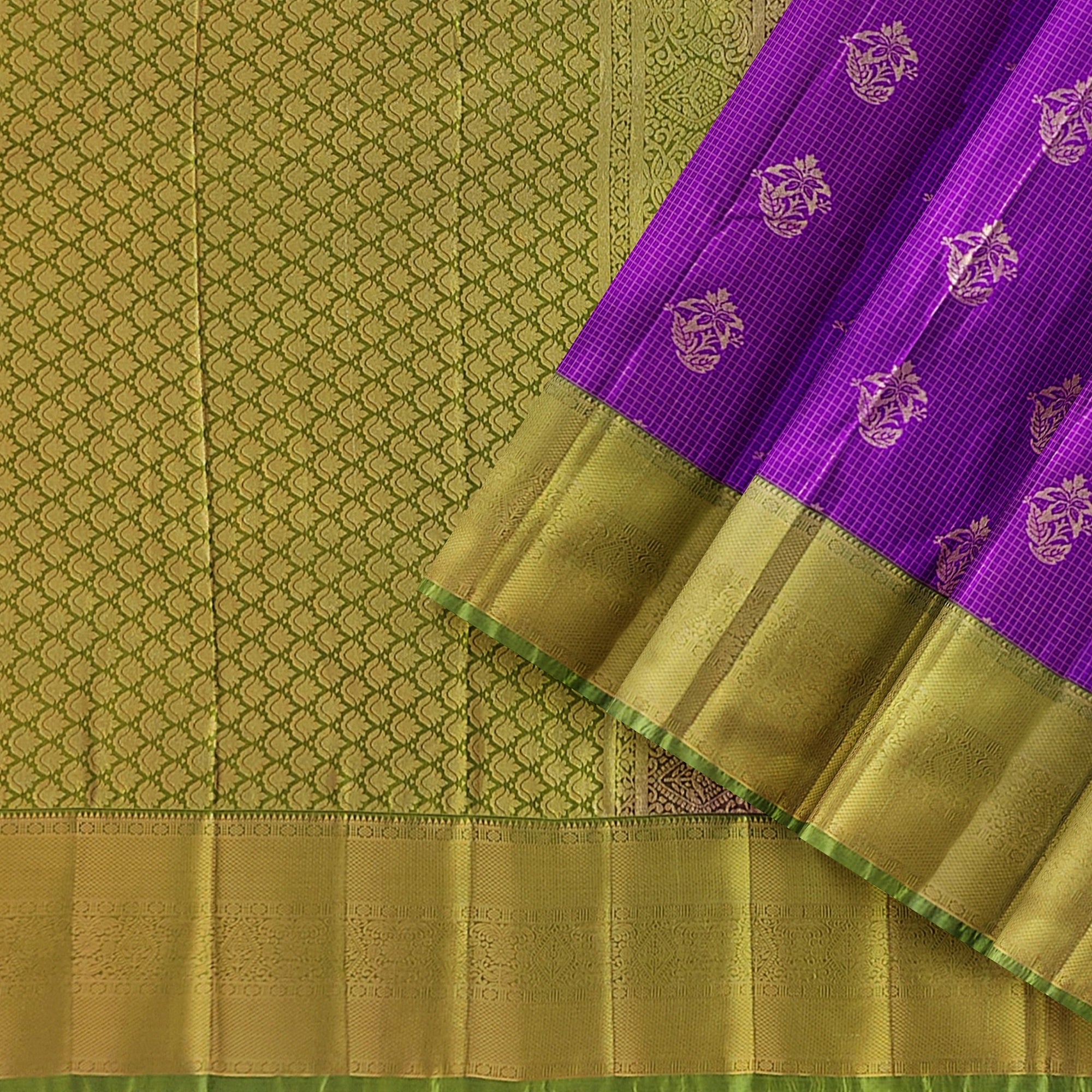 Purple Checks Saree with Green Border – New Arrival - New Sudarshan Silks`