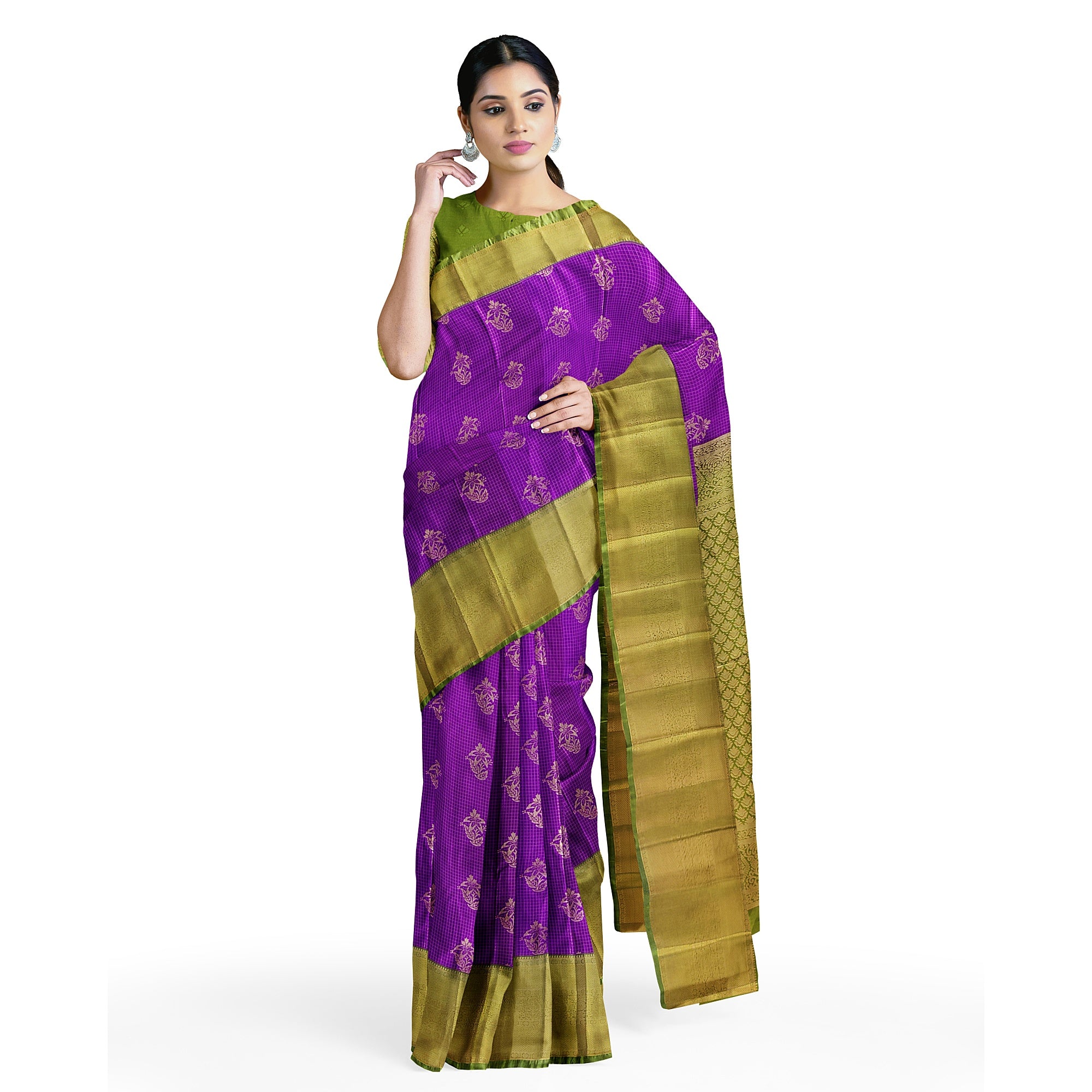 Purple Checks Saree with Green Border – New Arrival - New Sudarshan Silks`