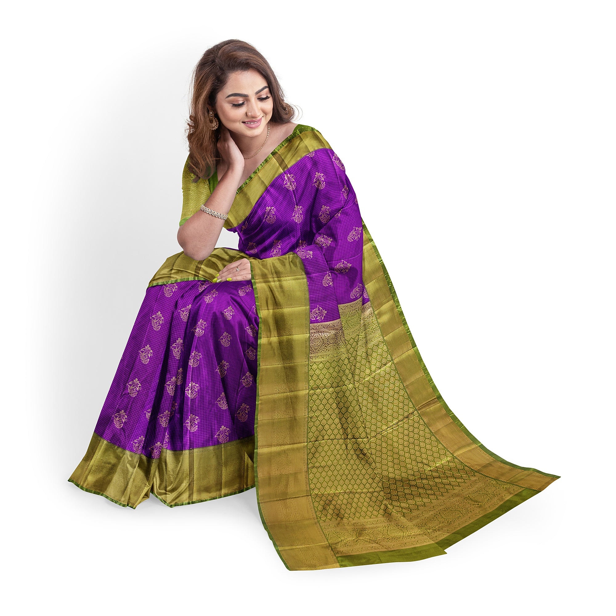 Purple Checks Saree with Green Border – New Arrival - New Sudarshan Silks`