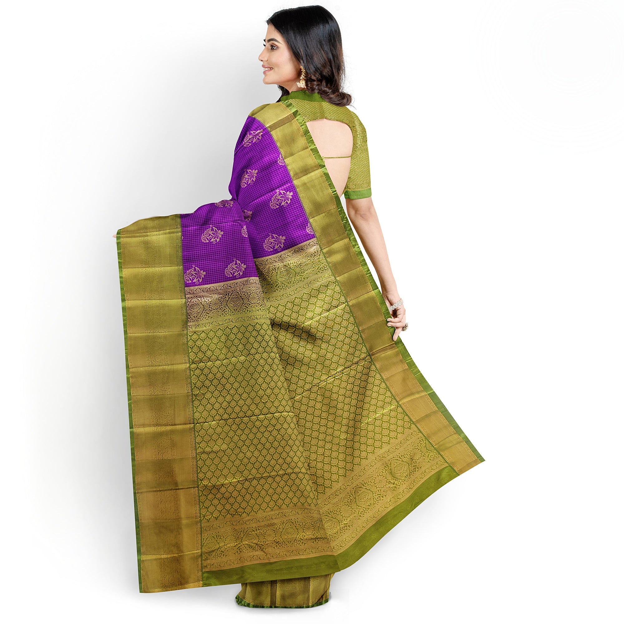 Purple Checks Saree with Green Border – New Arrival - New Sudarshan Silks`