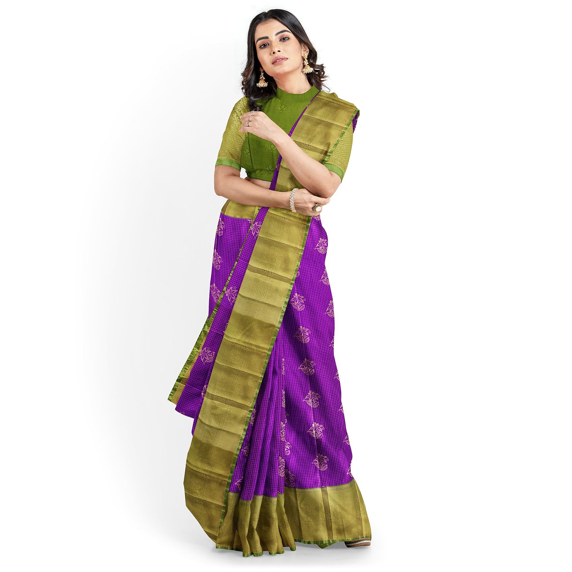 Purple Checks Saree with Green Border – New Arrival - New Sudarshan Silks`