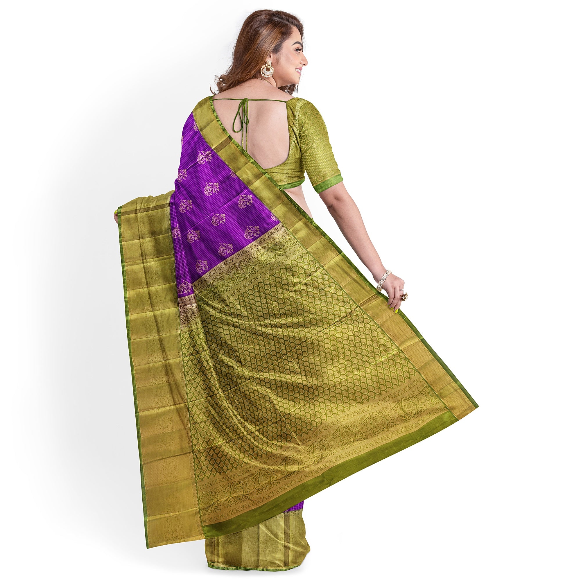 Purple Checks Saree with Green Border – New Arrival - New Sudarshan Silks`