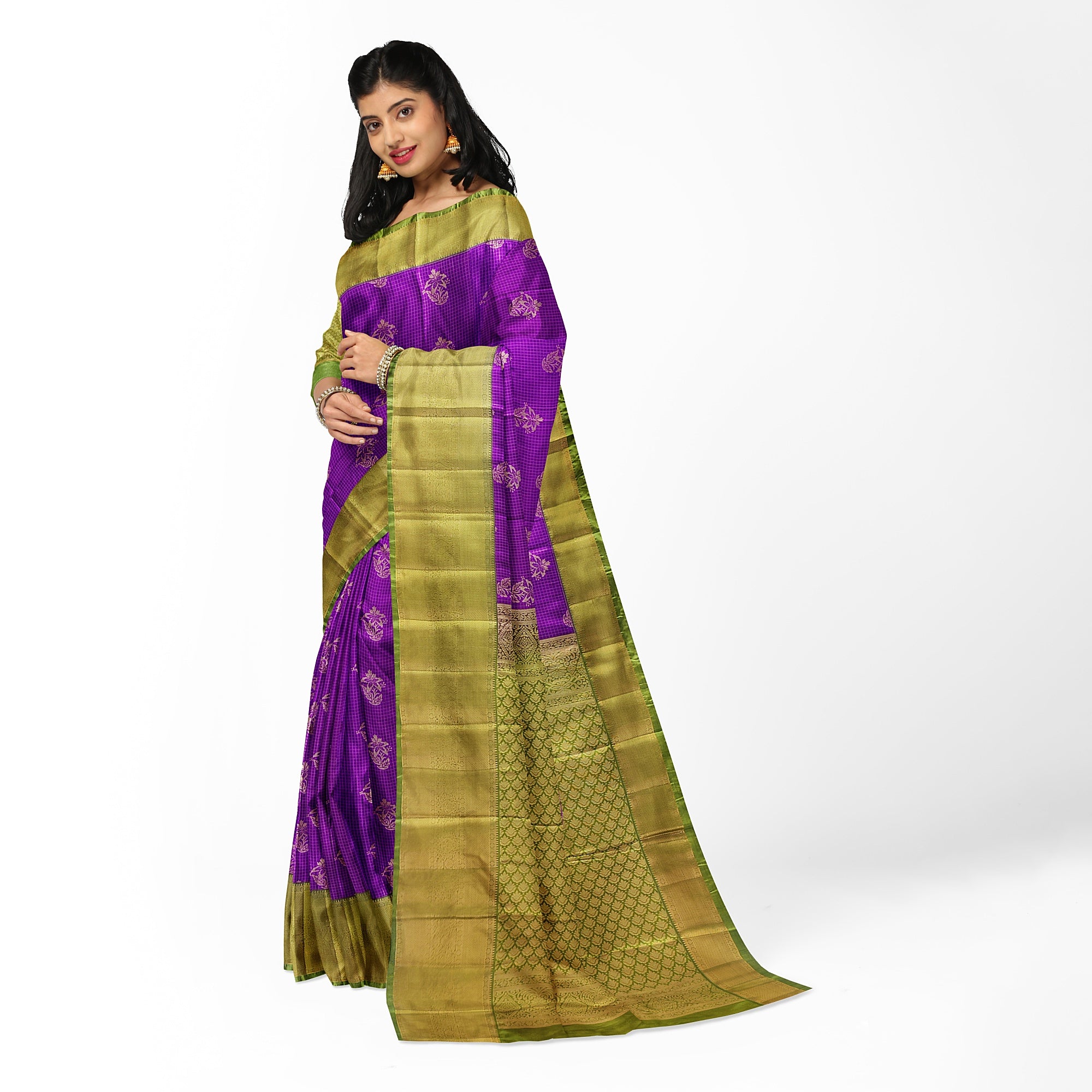 Purple Checks Saree with Green Border – New Arrival - New Sudarshan Silks`
