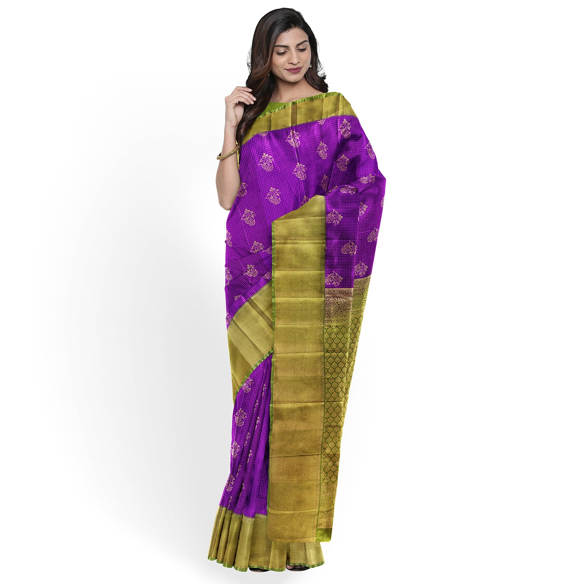 Purple Checks Saree with Green Border – New Arrival - New Sudarshan Silks`