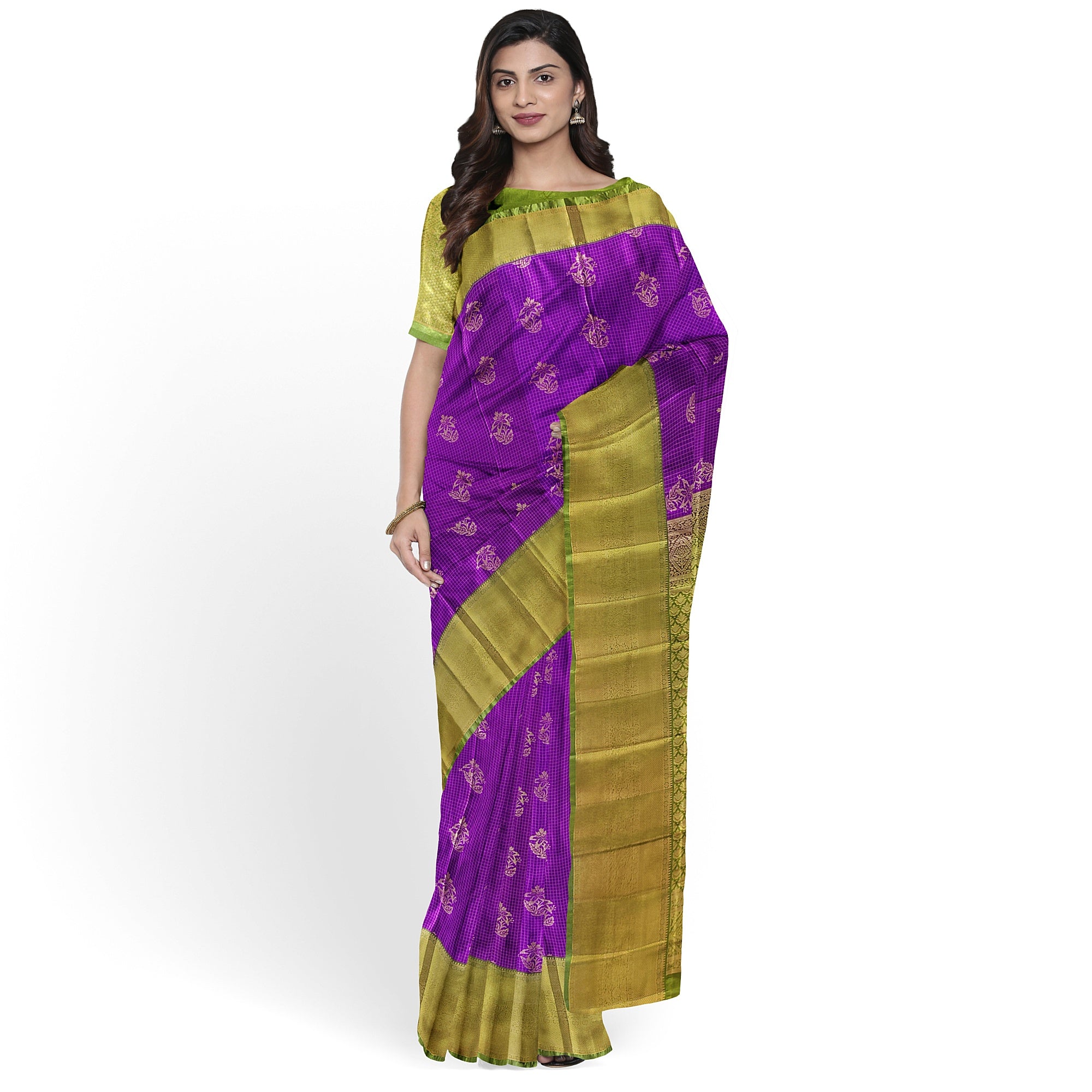 Purple Checks Saree with Green Border – New Arrival - New Sudarshan Silks`