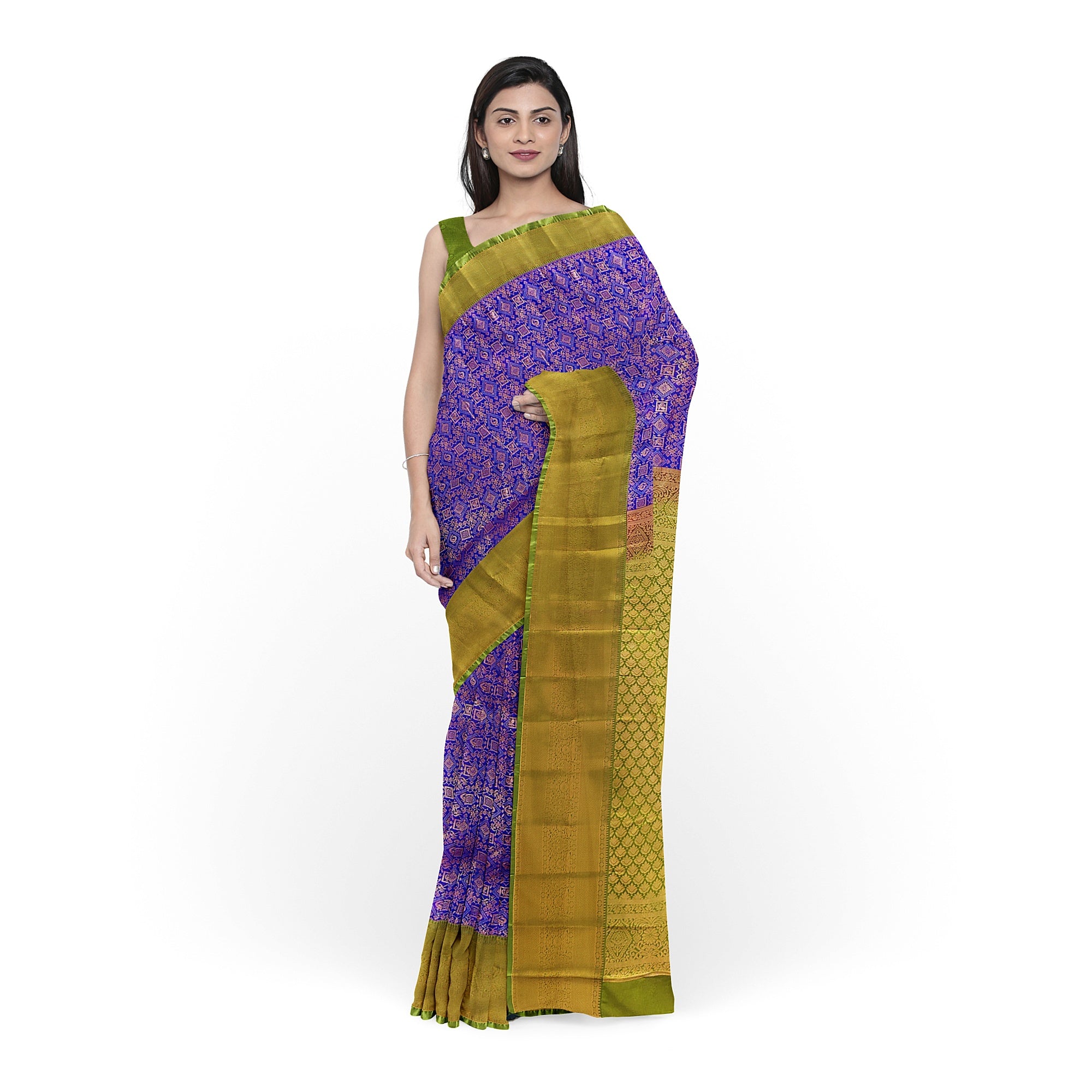 Violet Brocade Saree with Green Border – New Arrival - New Sudarshan Silks`