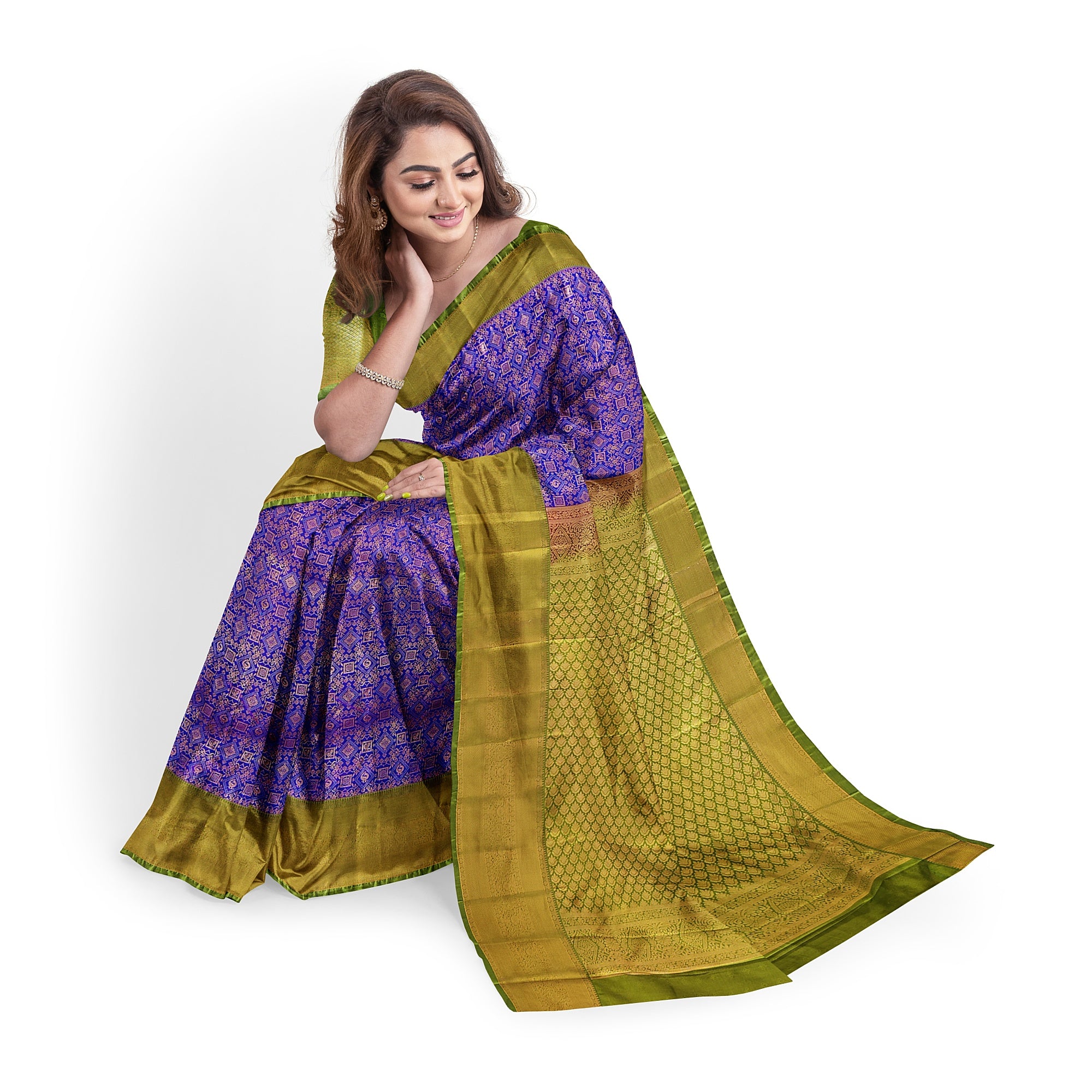 Violet Brocade Saree with Green Border – New Arrival - New Sudarshan Silks`
