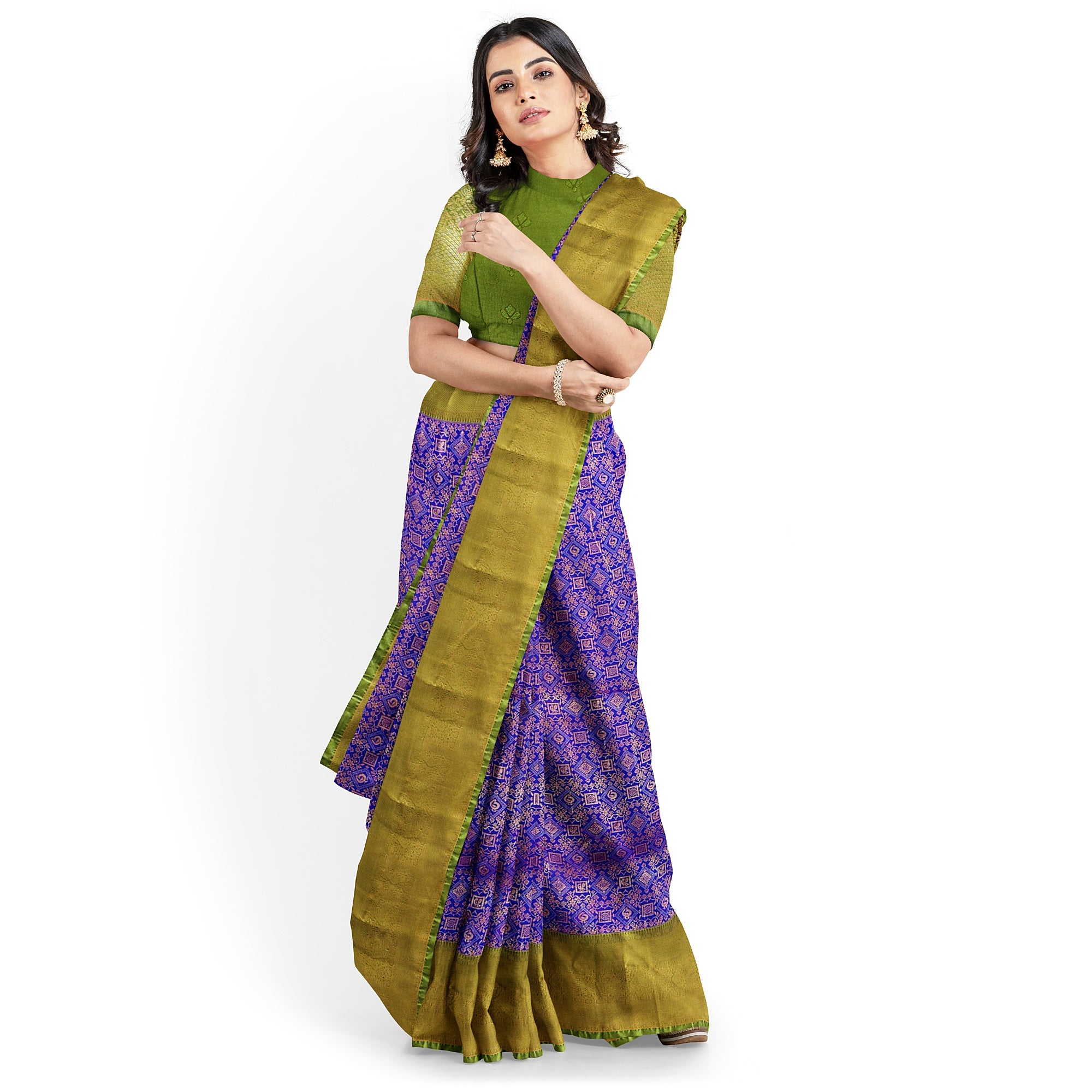 Violet Brocade Saree with Green Border – New Arrival - New Sudarshan Silks`