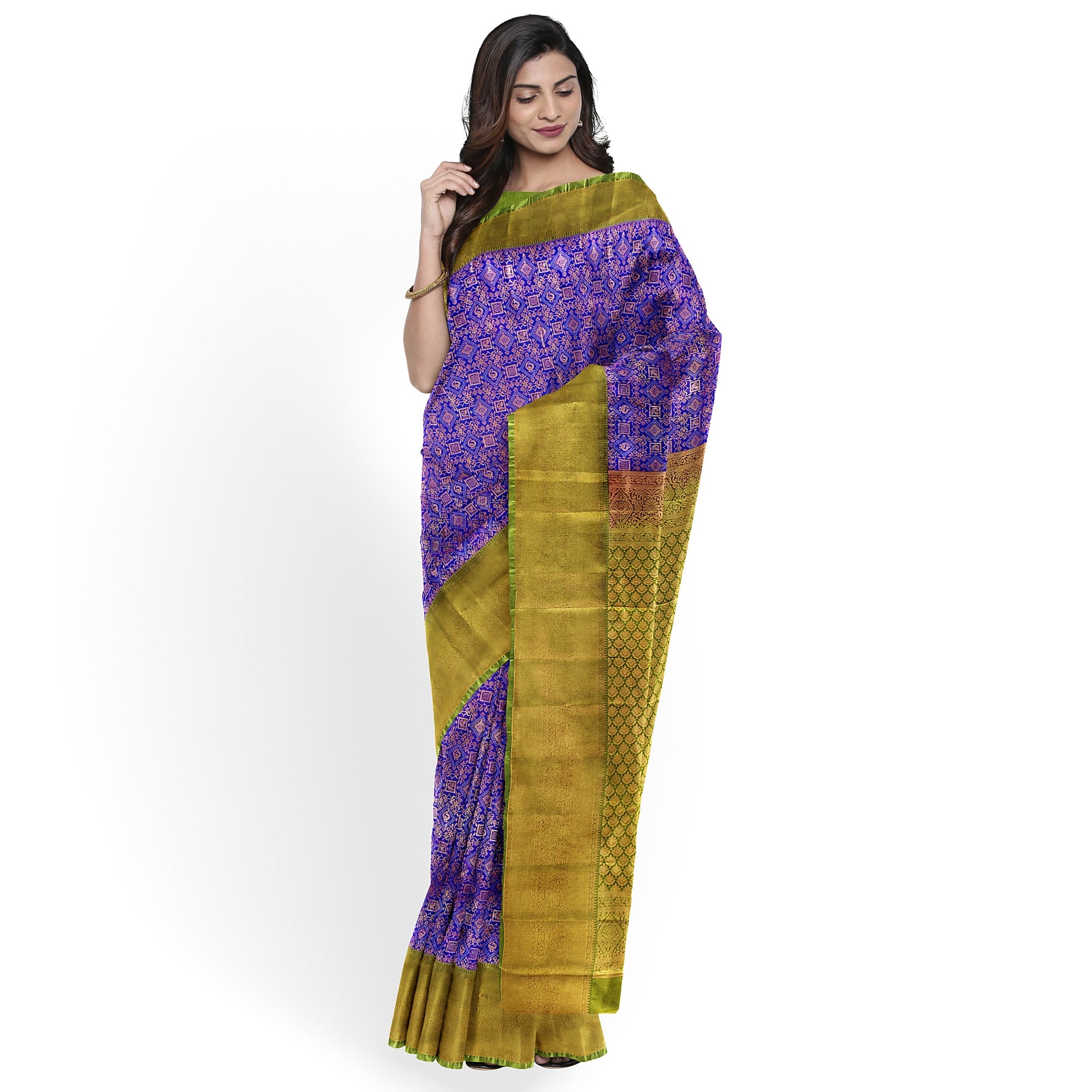 Violet Brocade Saree with Green Border – New Arrival - New Sudarshan Silks`