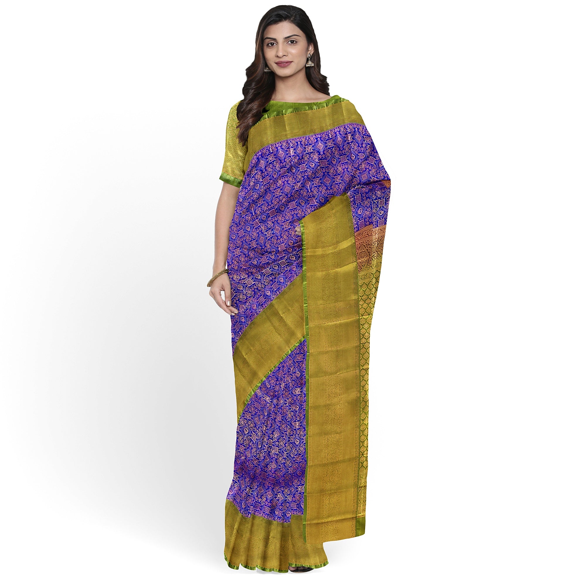 Violet Brocade Saree with Green Border – New Arrival - New Sudarshan Silks`