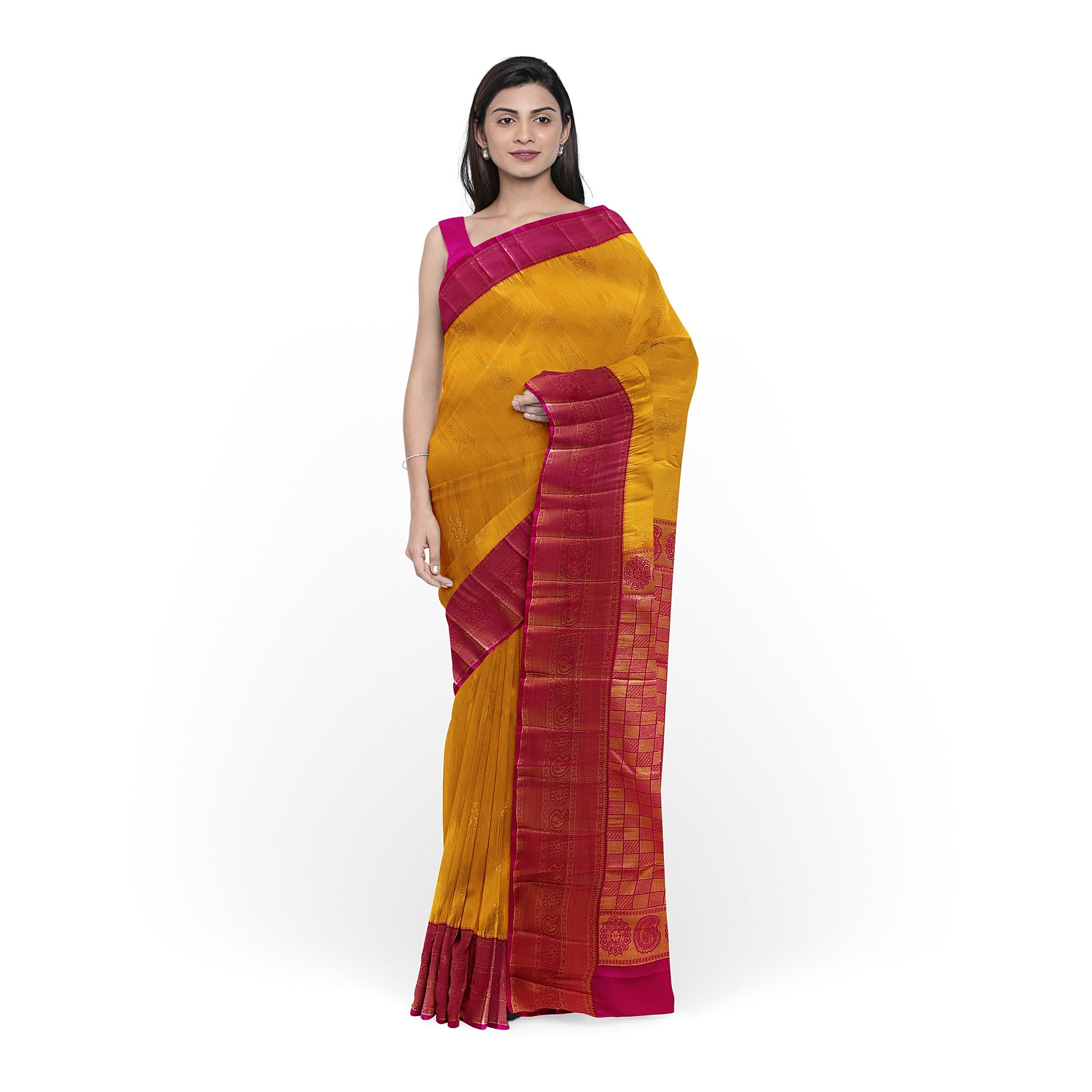 Yellow Saree with Zari Lines and Pink Border – Traditional Elegance with a Modern Twist - New Sudarshan Silks`