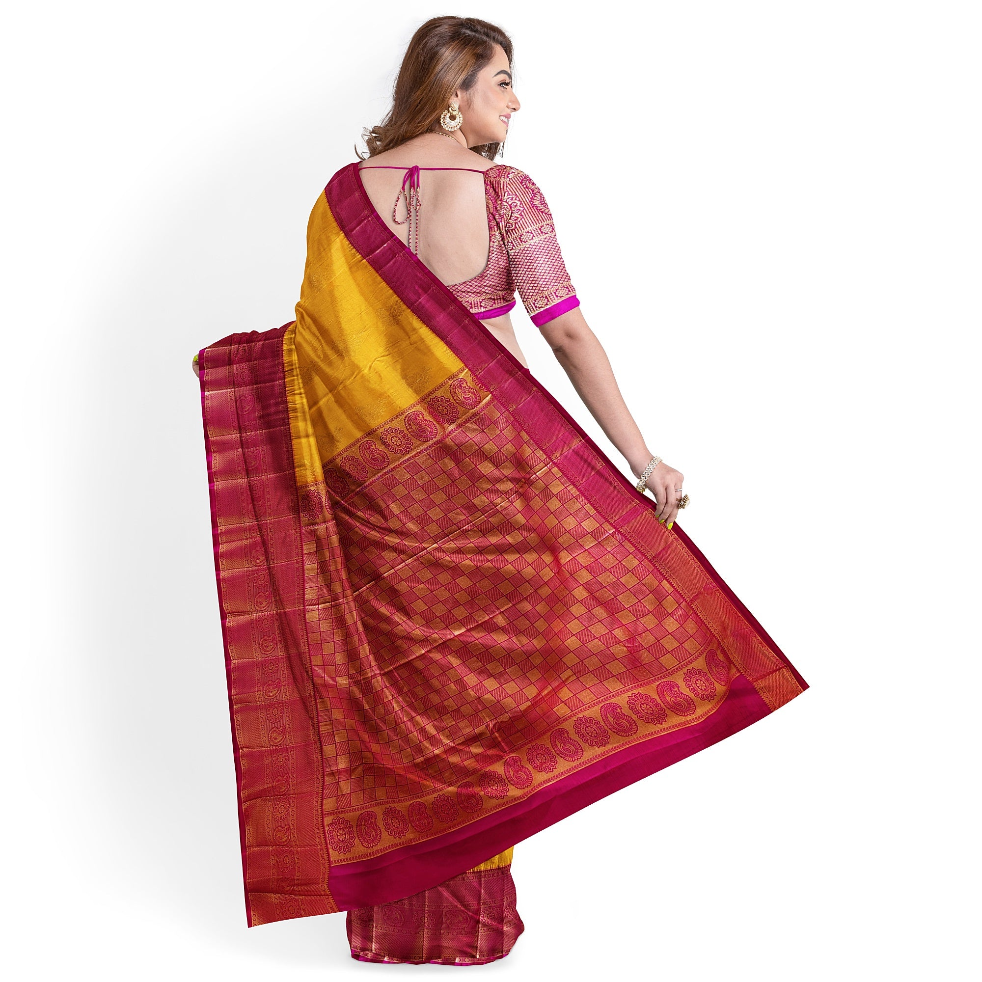 Yellow Saree with Zari Lines and Pink Border – Traditional Elegance with a Modern Twist - New Sudarshan Silks`