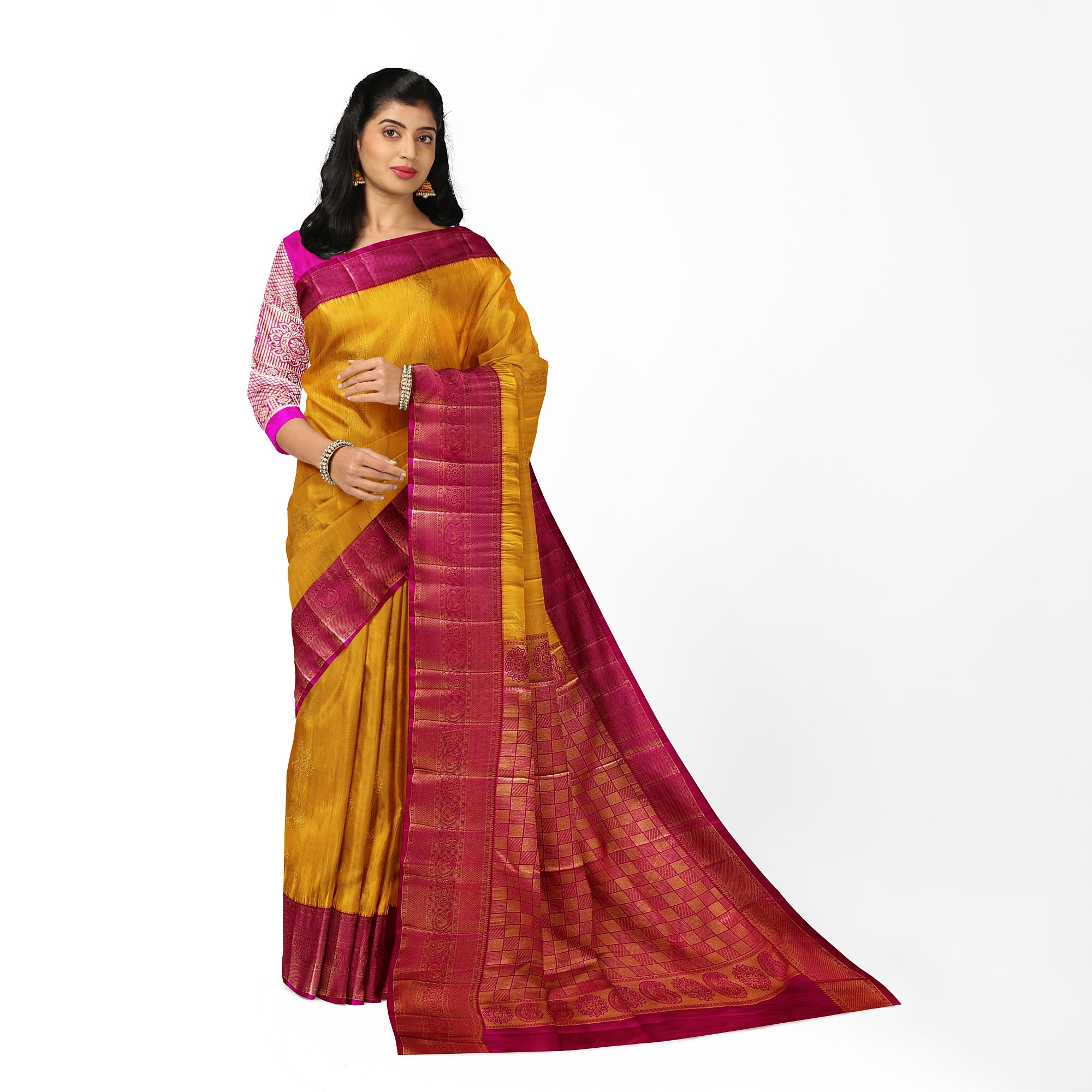 Yellow Saree with Zari Lines and Pink Border – Traditional Elegance with a Modern Twist - New Sudarshan Silks`