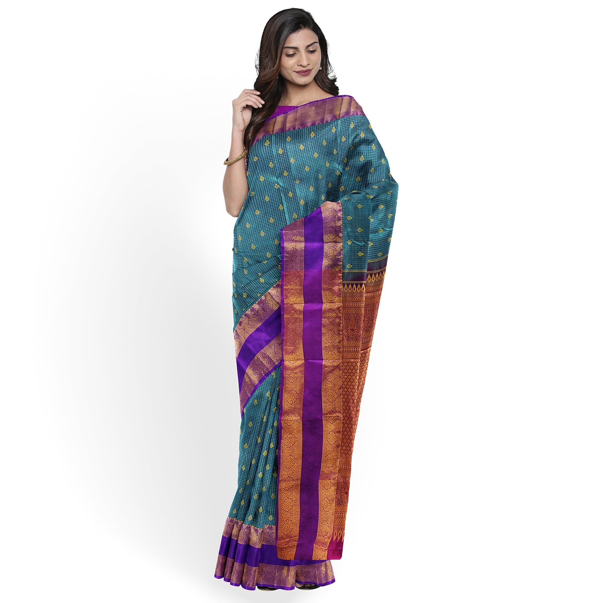 Rama Green Semi Kanchi Silk Saree with Wine Double Shade Bentex Border – Traditional Elegance - New Sudarshan Silks`