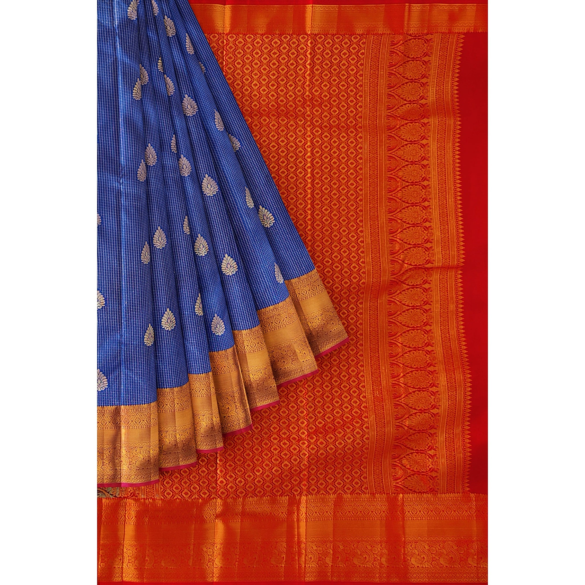 Navy Blue Checks Design Saree with Red Border – A Perfect Blend of Tradition and Style - New Sudarshan Silks`