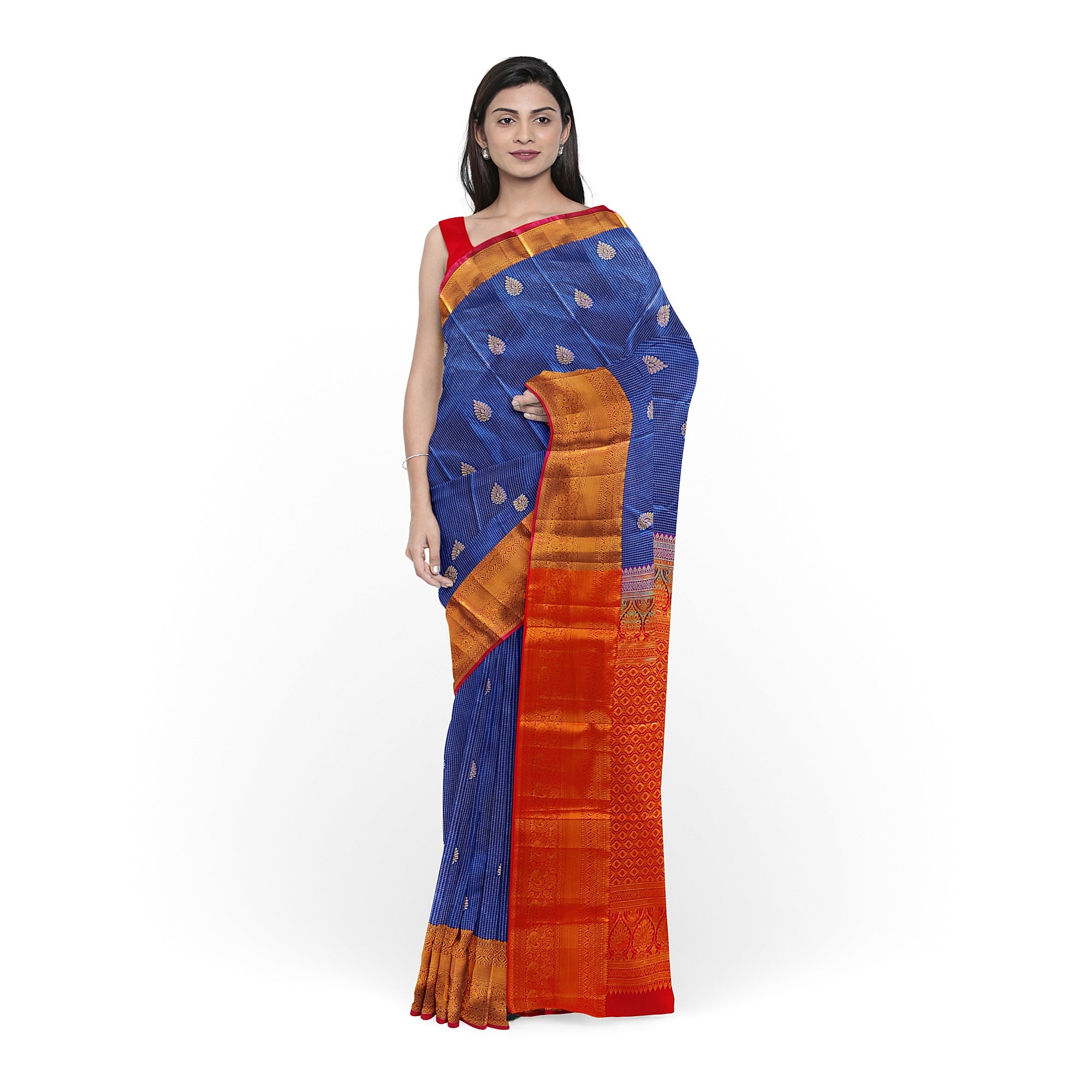 Navy Blue Checks Design Saree with Red Border – A Perfect Blend of Tradition and Style - New Sudarshan Silks`