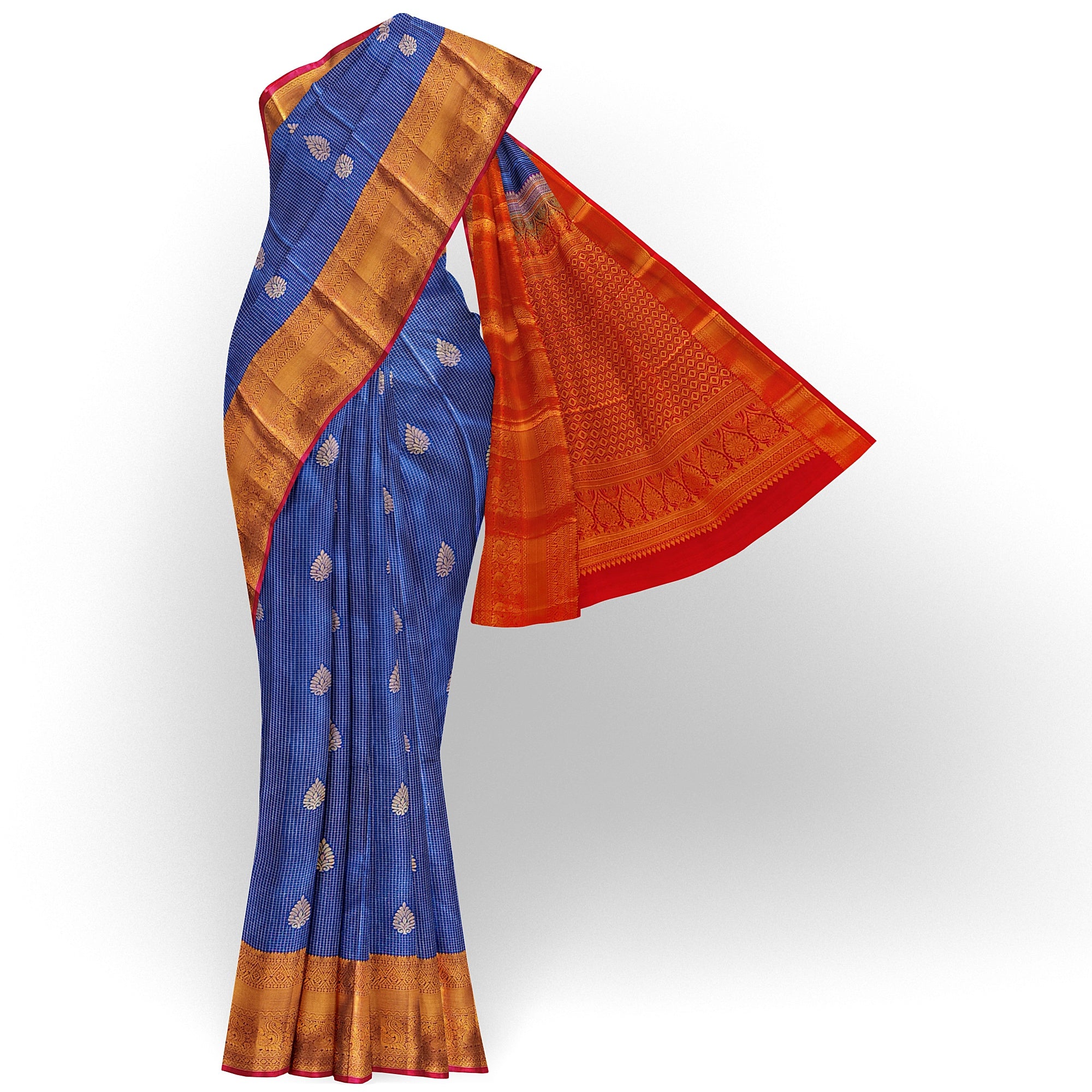Navy Blue Checks Design Saree with Red Border – A Perfect Blend of Tradition and Style - New Sudarshan Silks`