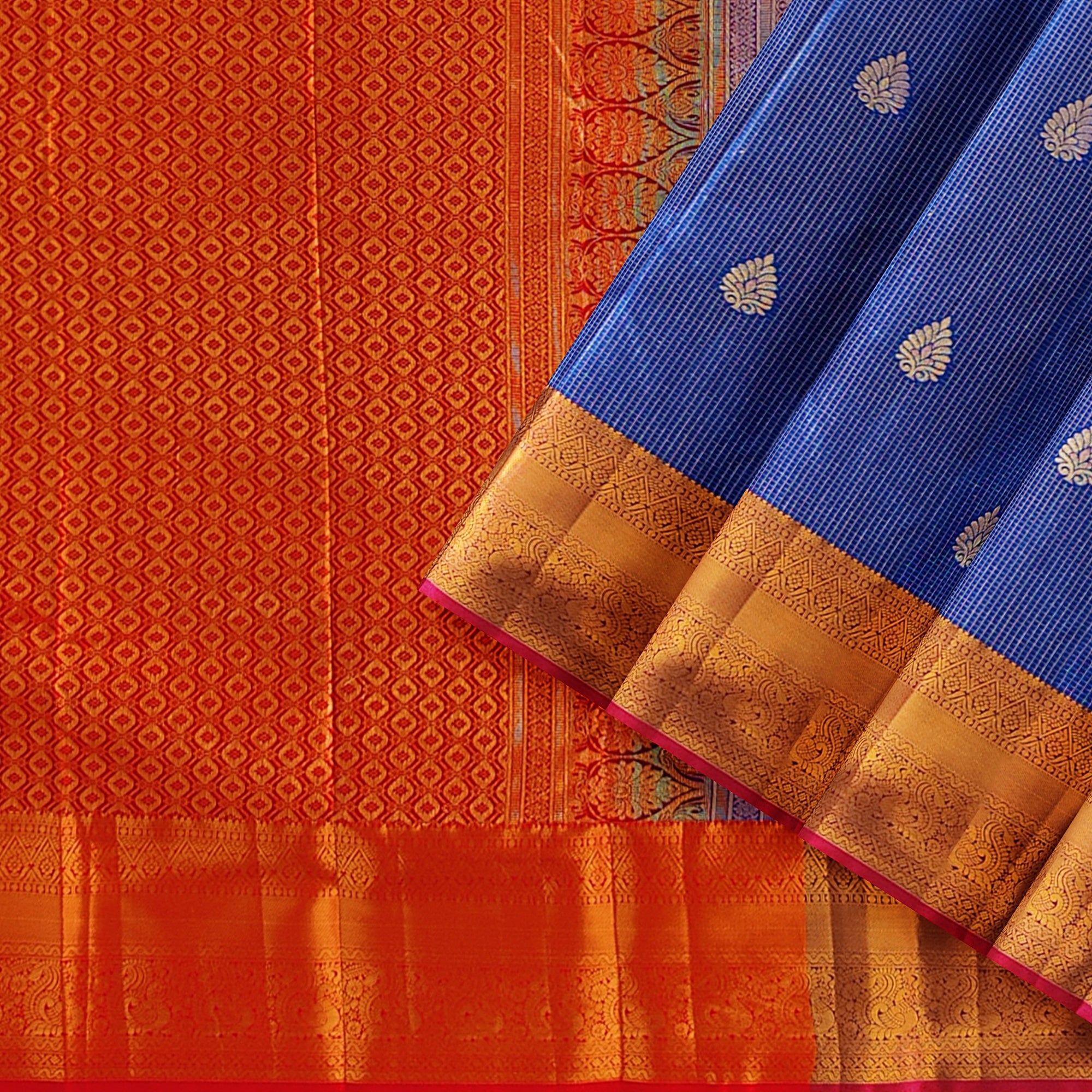 Navy Blue Checks Design Saree with Red Border – A Perfect Blend of Tradition and Style - New Sudarshan Silks`