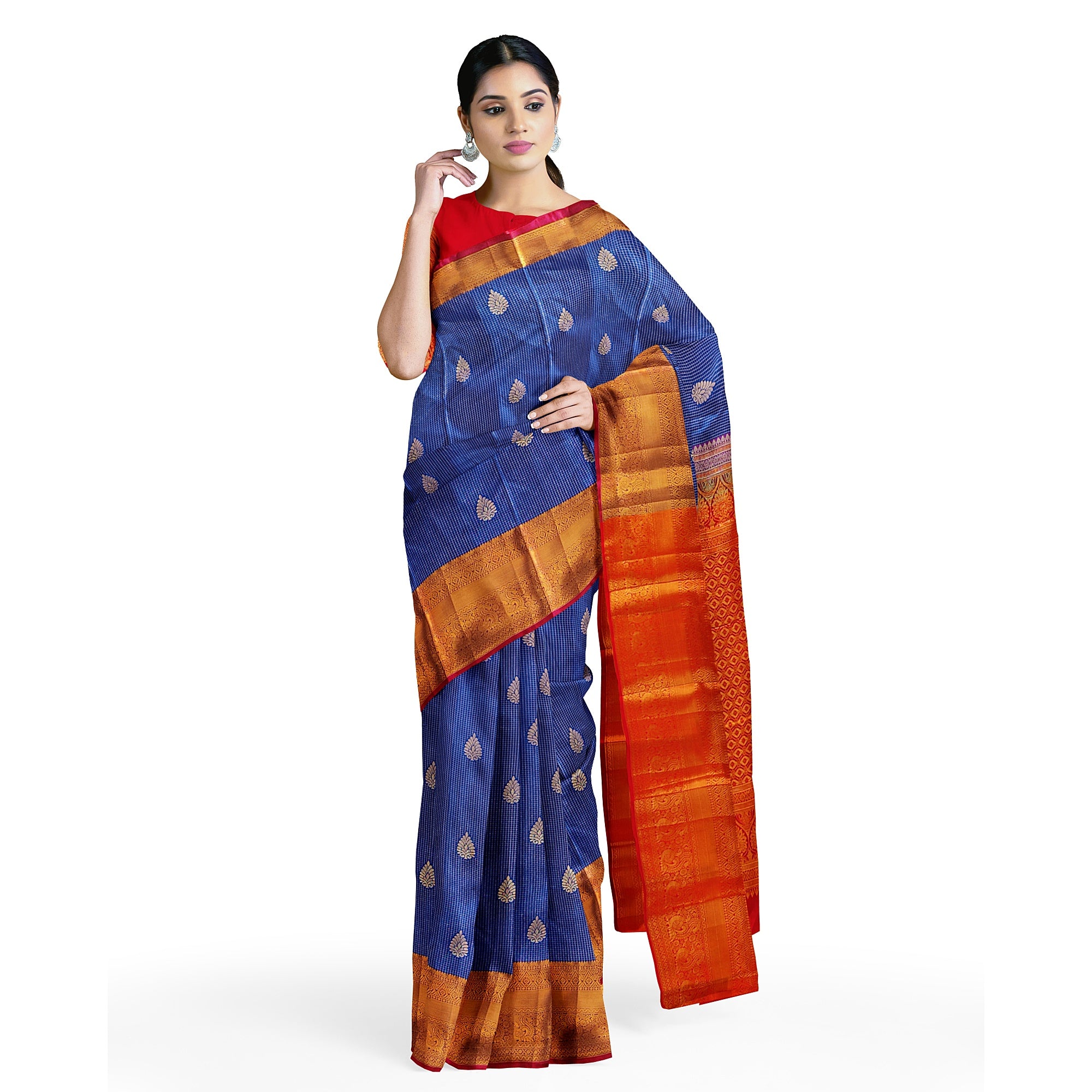 Navy Blue Checks Design Saree with Red Border – A Perfect Blend of Tradition and Style - New Sudarshan Silks`