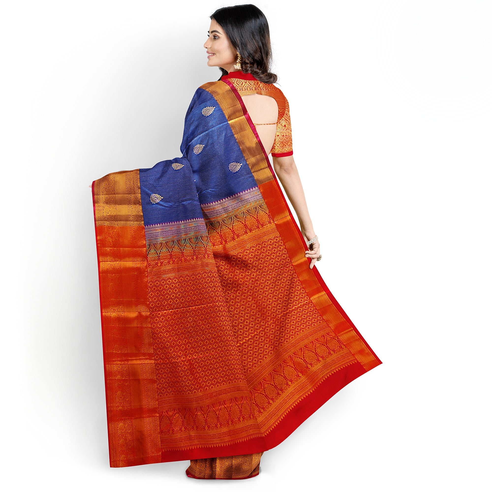 Navy Blue Checks Design Saree with Red Border – A Perfect Blend of Tradition and Style - New Sudarshan Silks`