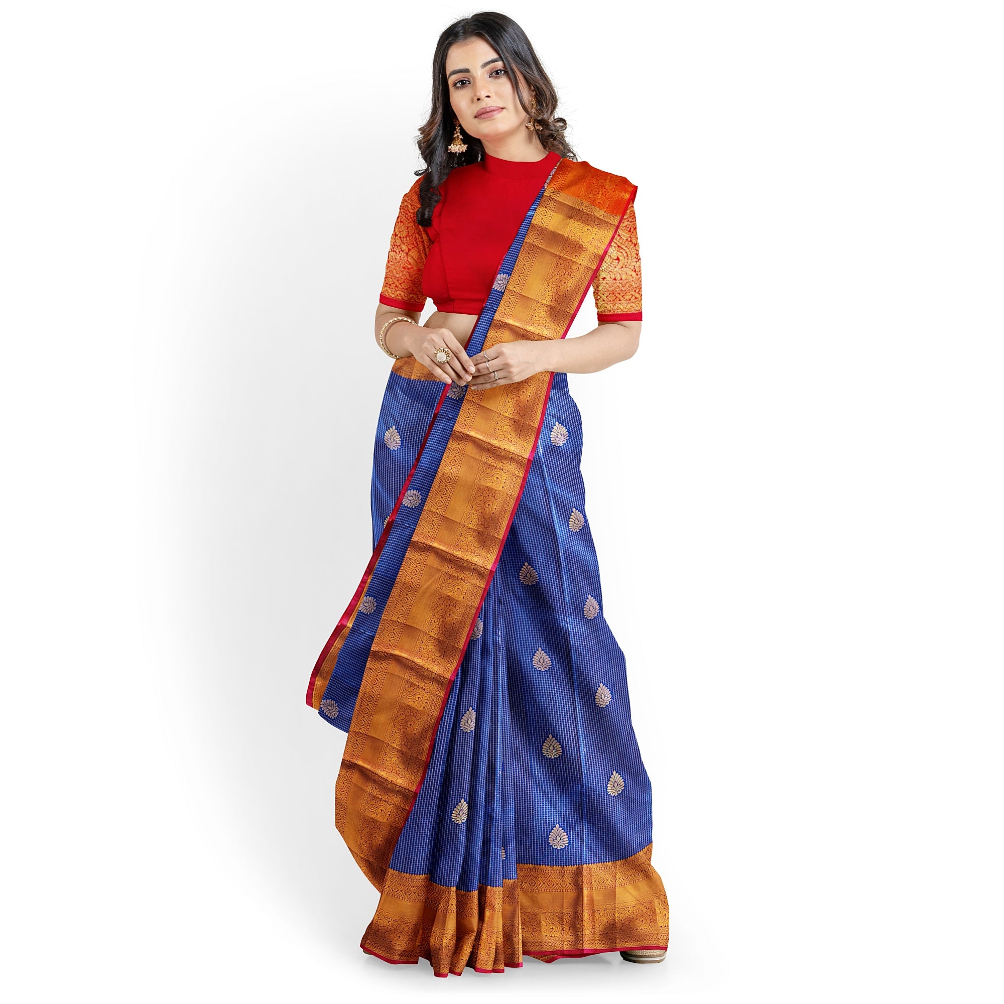 Navy Blue Checks Design Saree with Red Border – A Perfect Blend of Tradition and Style - New Sudarshan Silks`