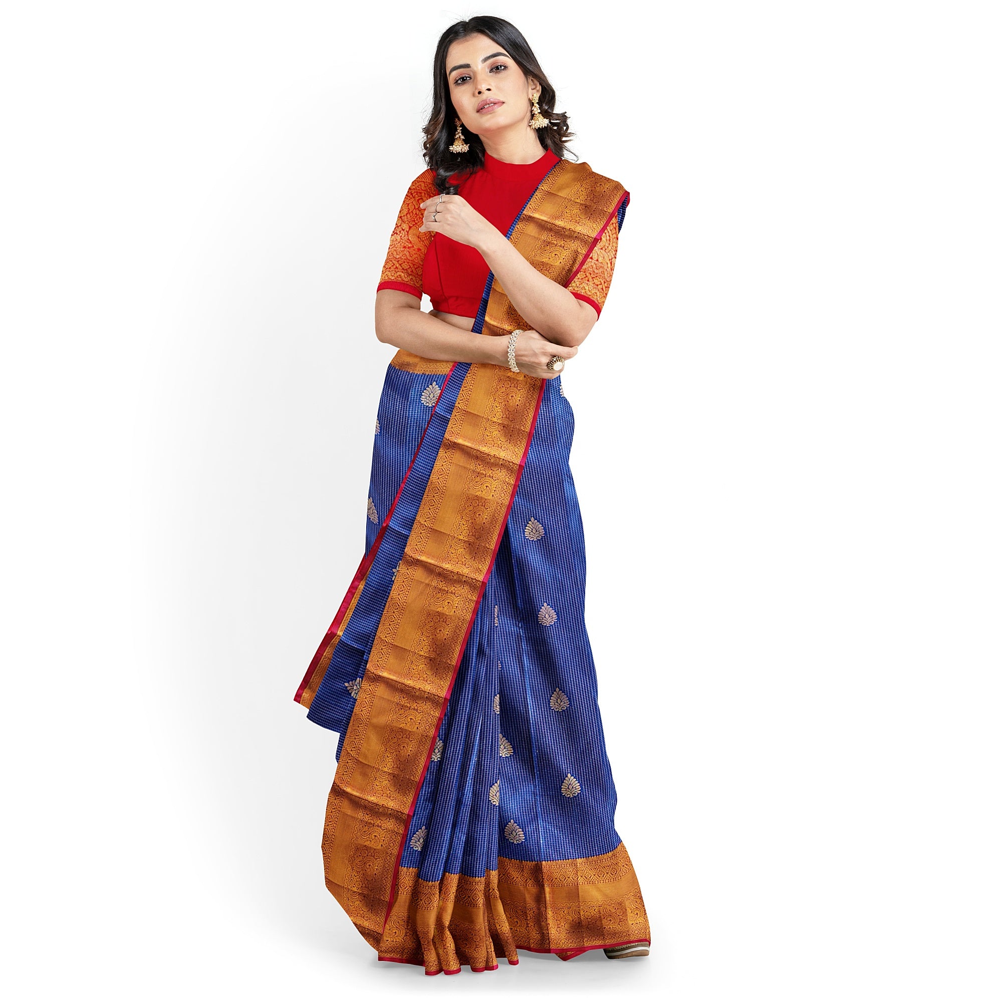 Navy Blue Checks Design Saree with Red Border – A Perfect Blend of Tradition and Style - New Sudarshan Silks`