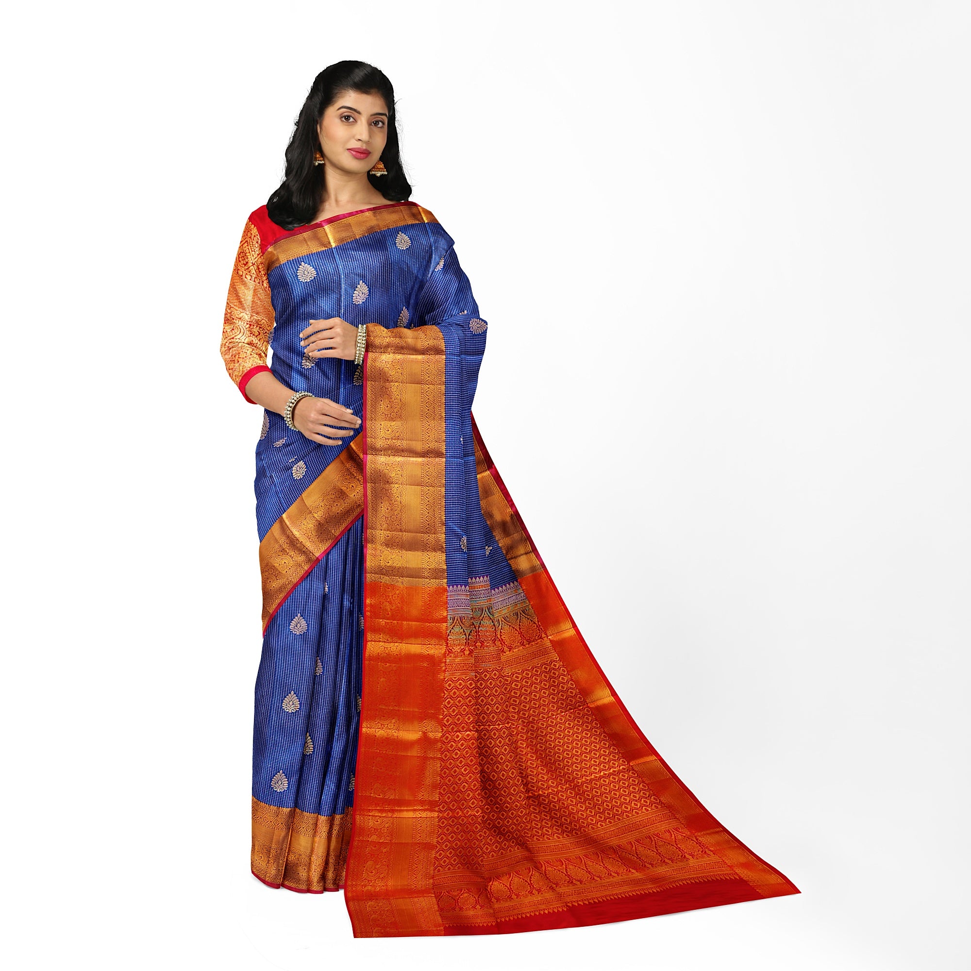 Navy Blue Checks Design Saree with Red Border – A Perfect Blend of Tradition and Style - New Sudarshan Silks`