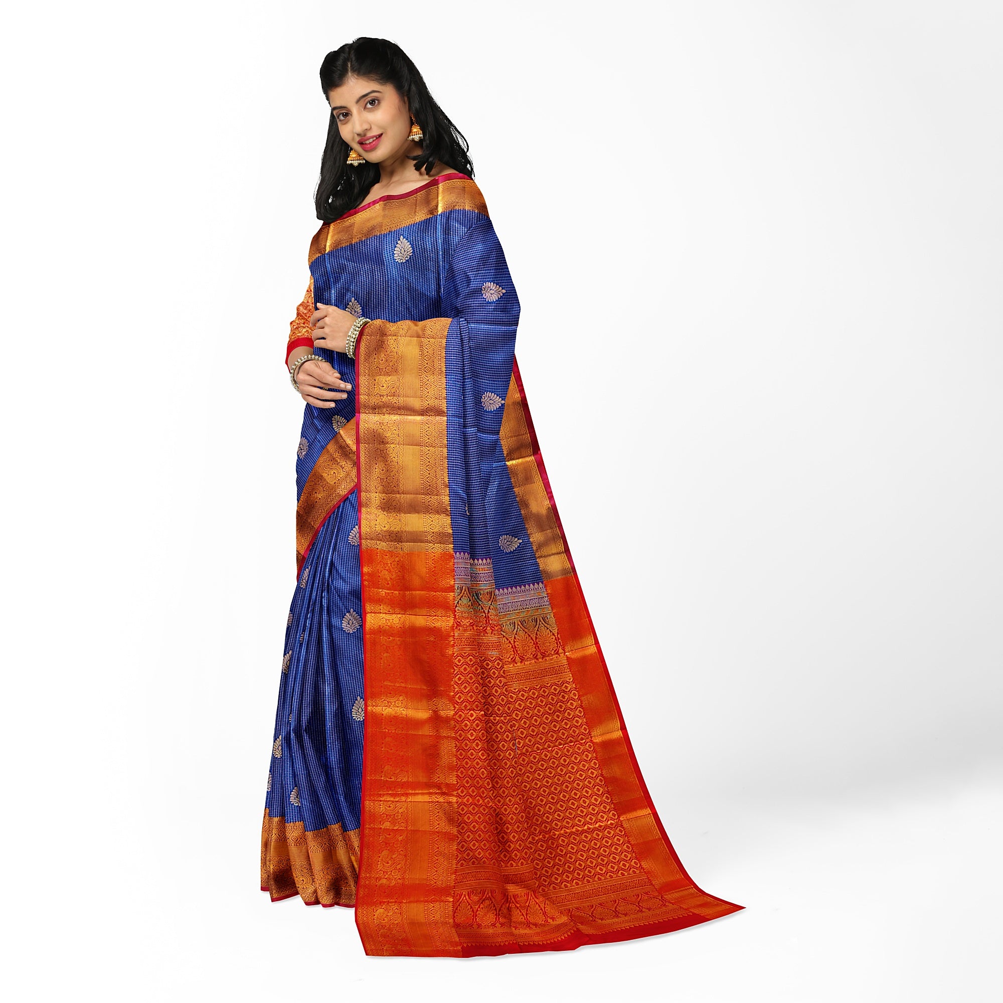Navy Blue Checks Design Saree with Red Border – A Perfect Blend of Tradition and Style - New Sudarshan Silks`