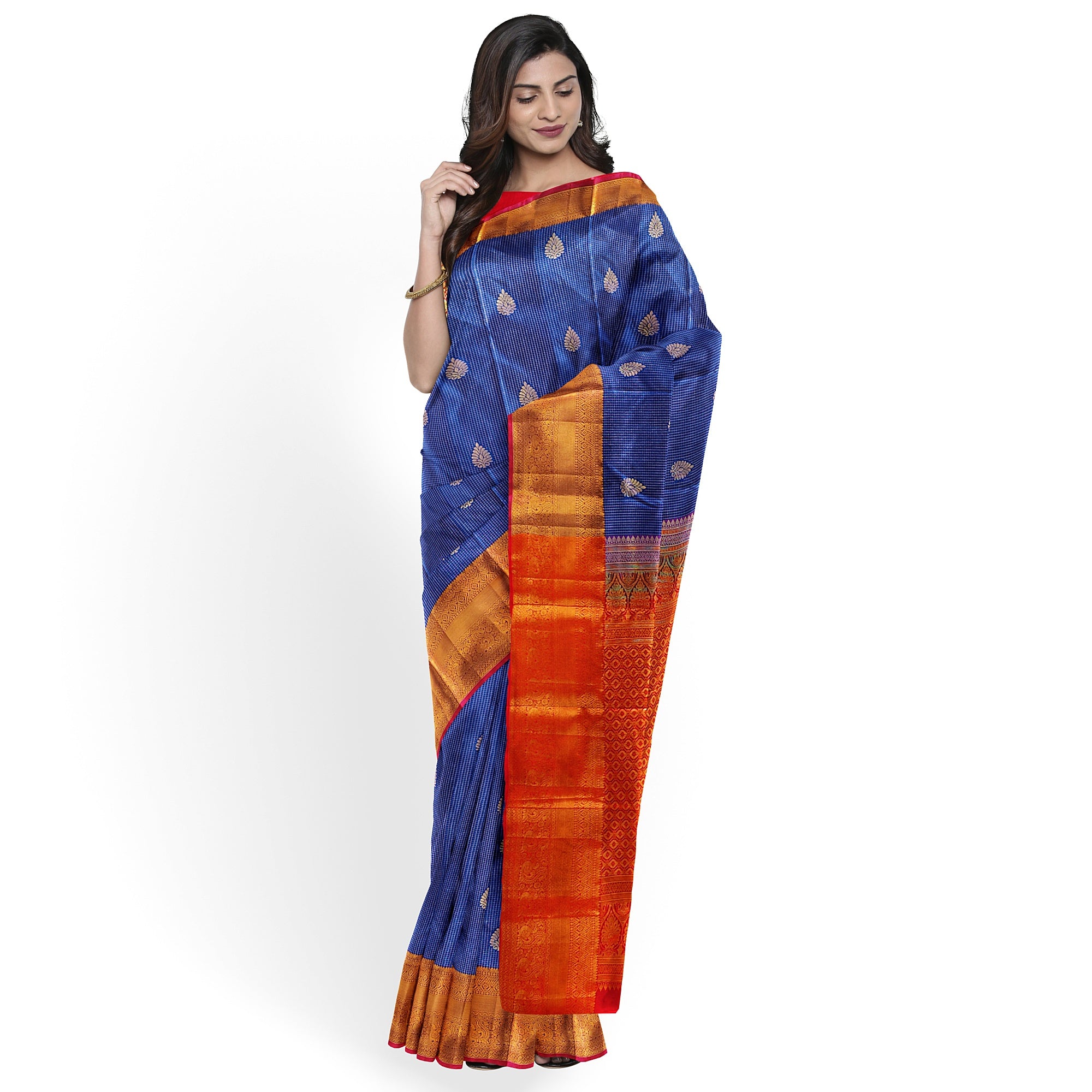 Navy Blue Checks Design Saree with Red Border – A Perfect Blend of Tradition and Style - New Sudarshan Silks`