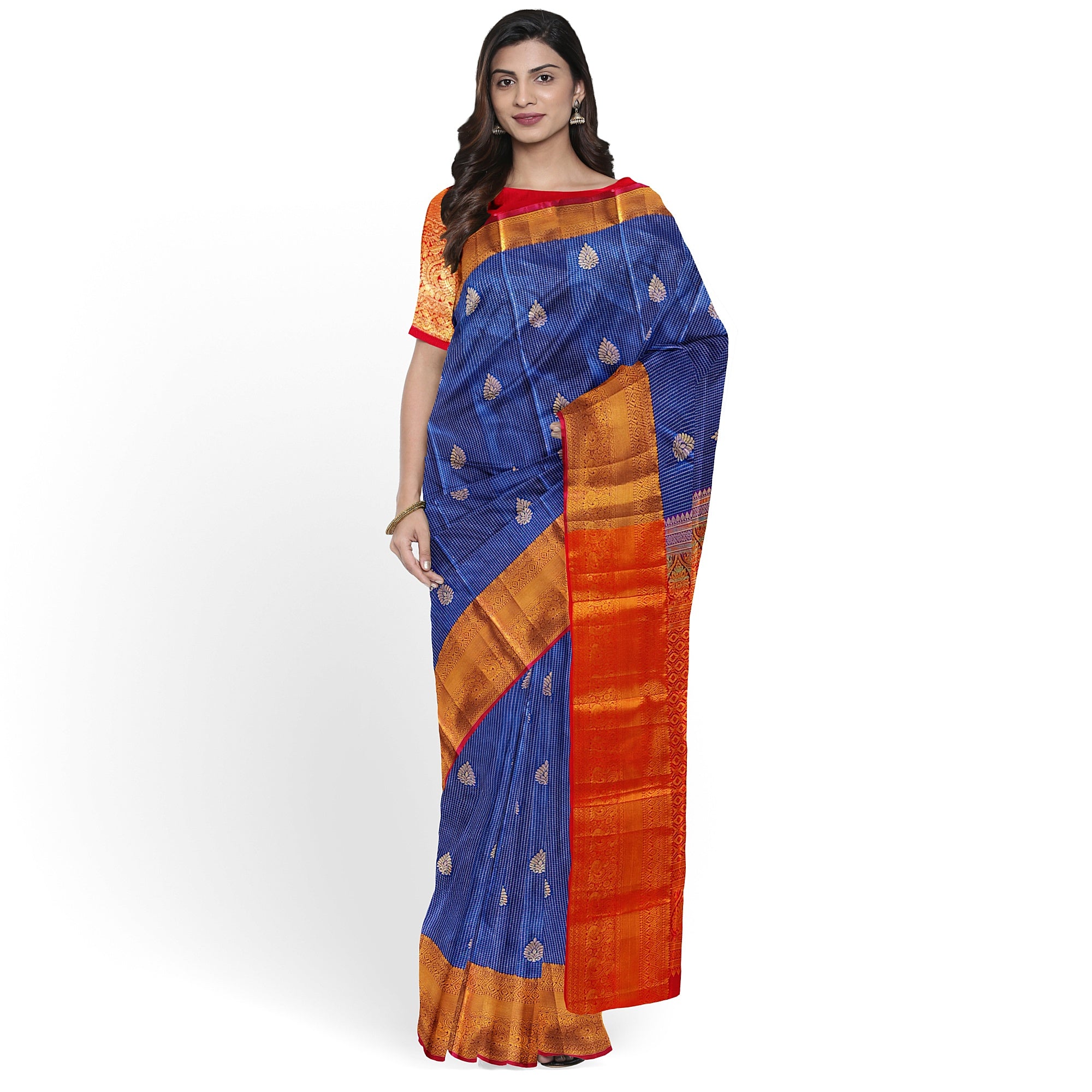 Navy Blue Checks Design Saree with Red Border – A Perfect Blend of Tradition and Style - New Sudarshan Silks`