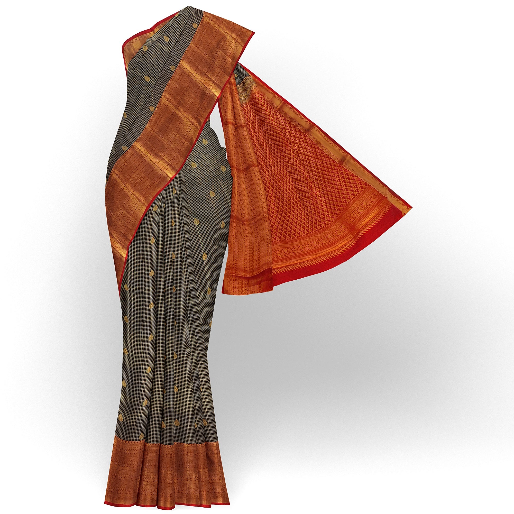 Black Checks Semi Kanchi Saree with Red Border – A Bold Take on Timeless Tradition - New Sudarshan Silks`