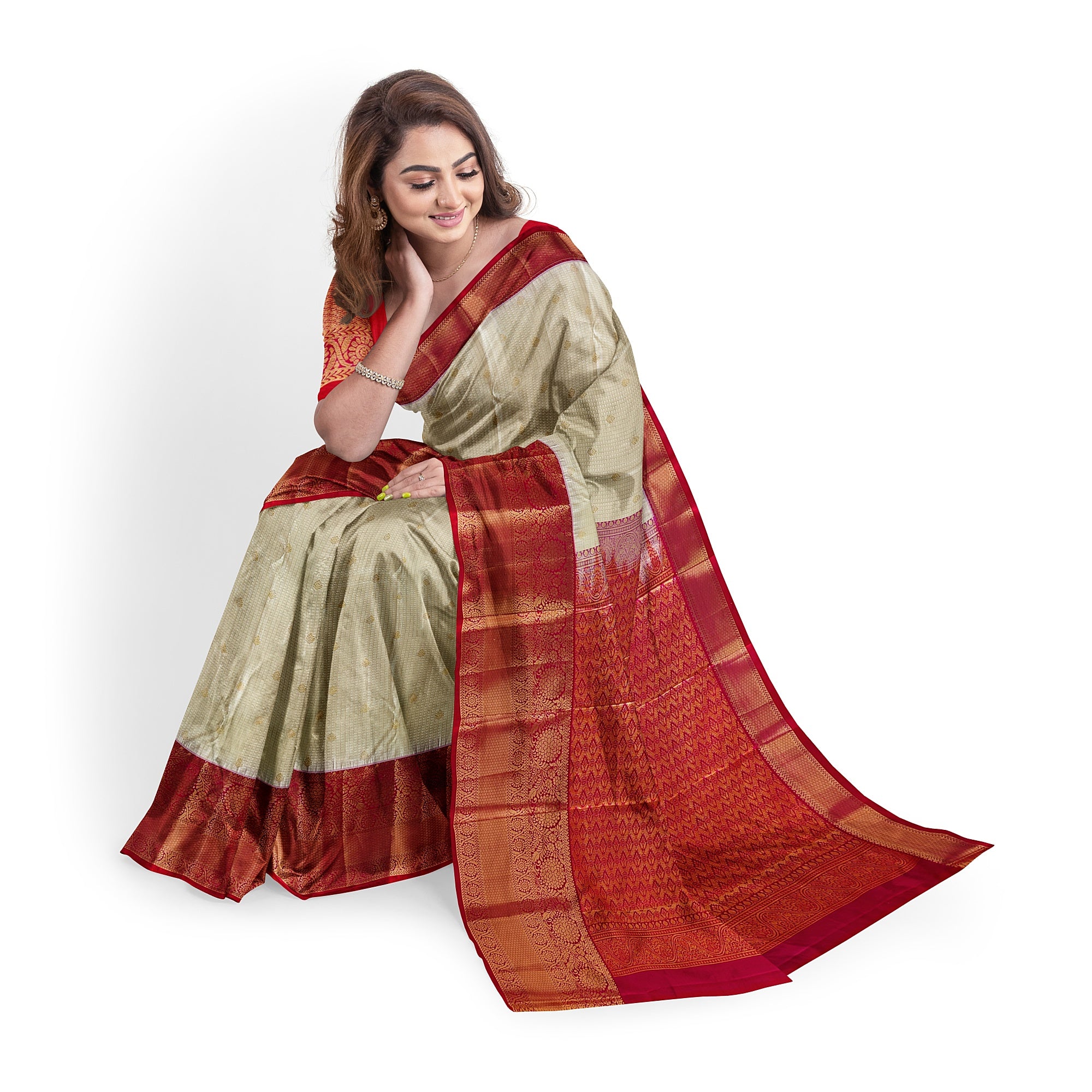 White Cream Semi Kanchi Muhurtham Saree with Red Border - New Sudarshan Silks`