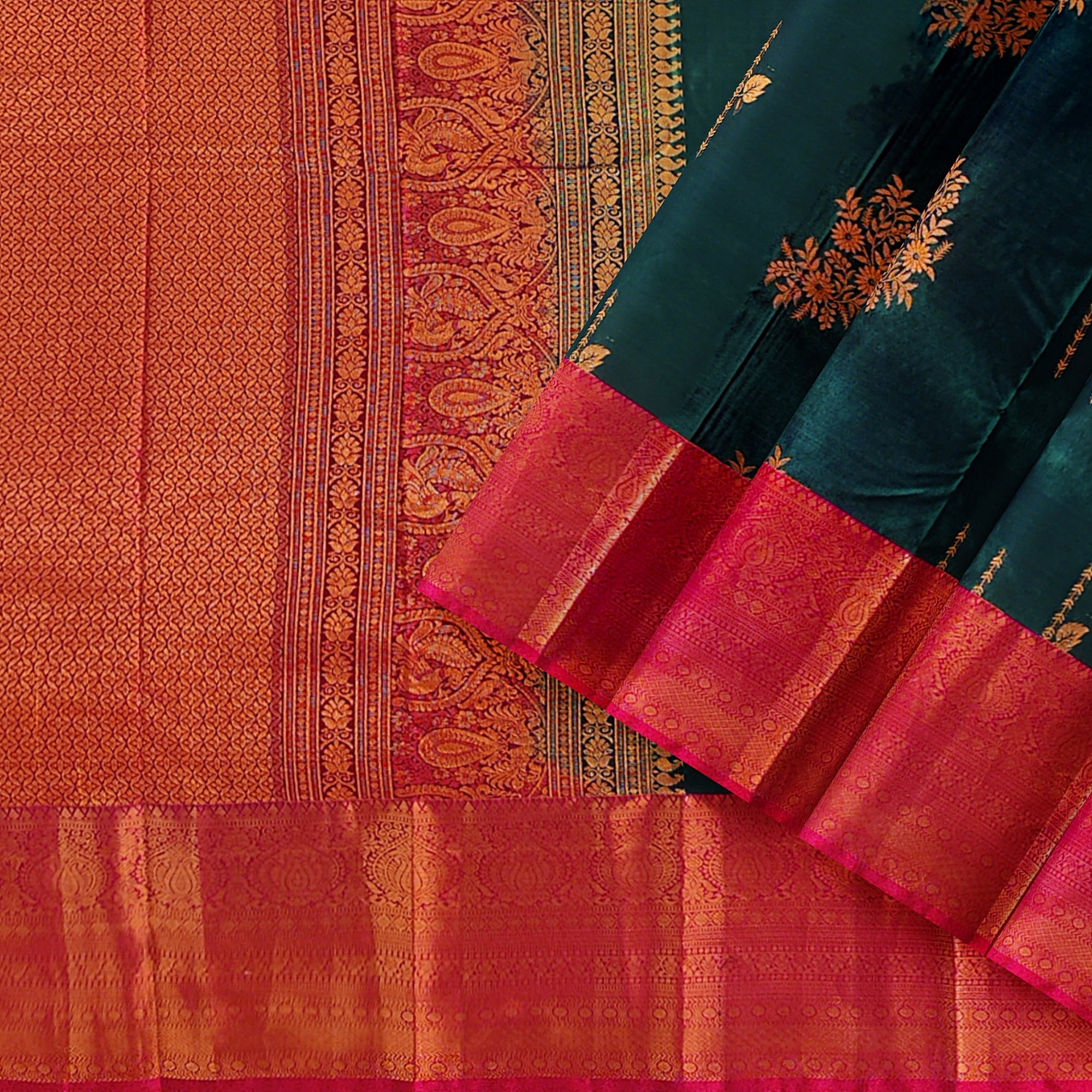 Bottle Green Saree with Red Border and Gold Zari - New Sudarshan Silks`