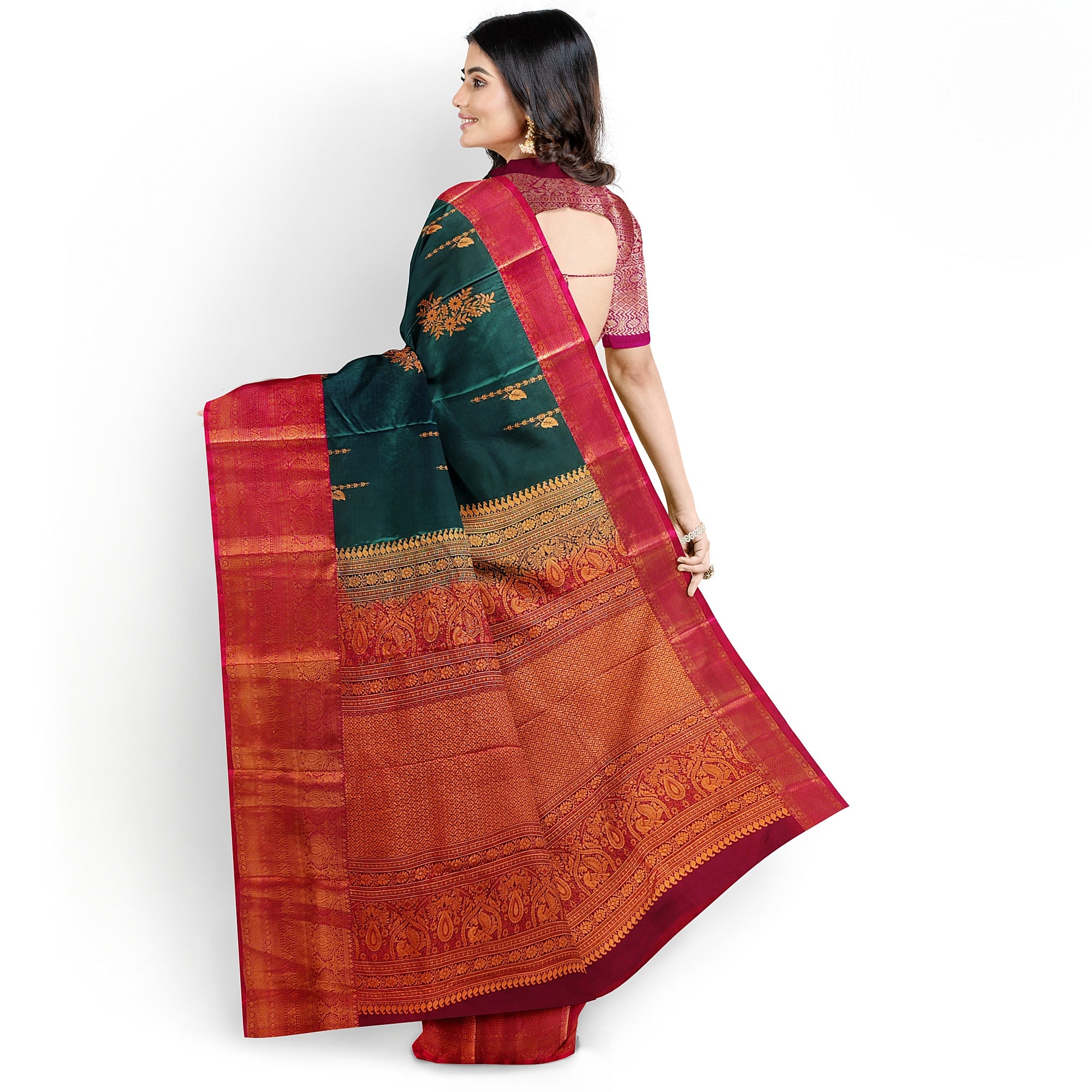Bottle Green Saree with Red Border and Gold Zari - New Sudarshan Silks`