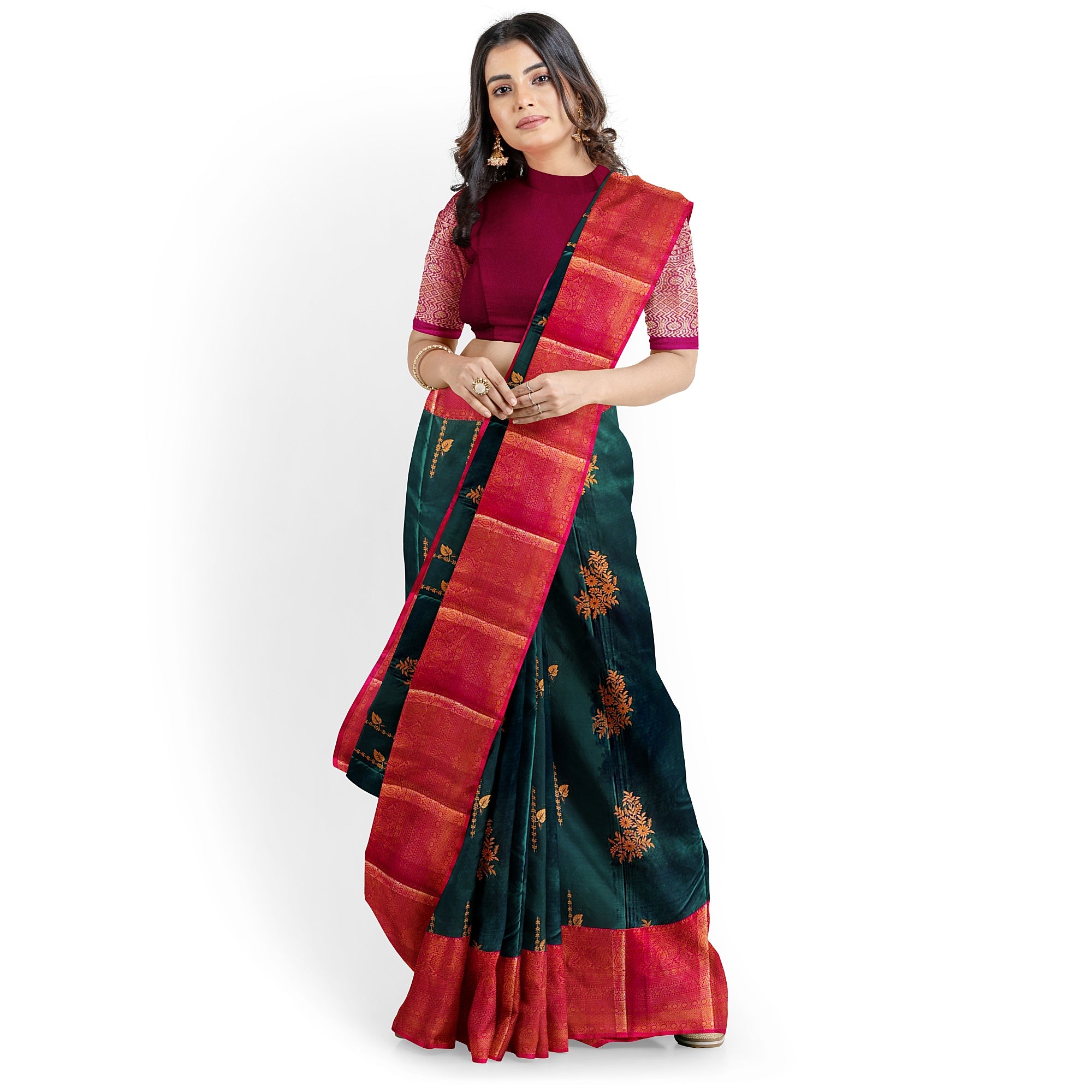 Bottle Green Saree with Red Border and Gold Zari - New Sudarshan Silks`