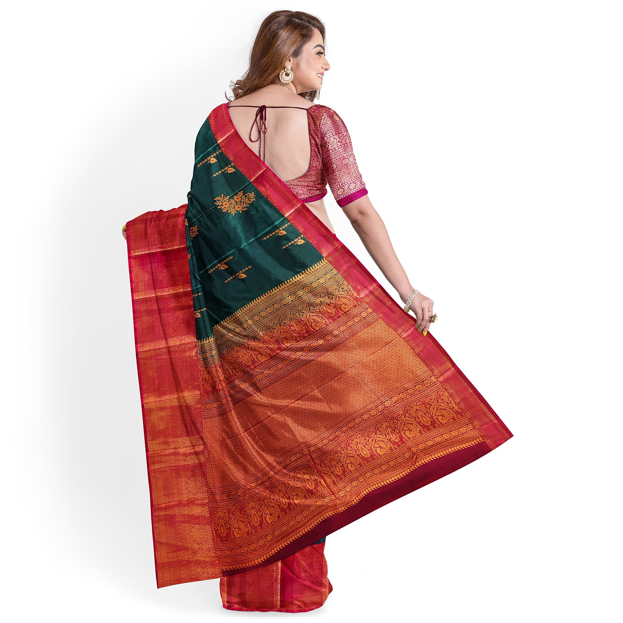 Bottle Green Saree with Red Border and Gold Zari - New Sudarshan Silks`