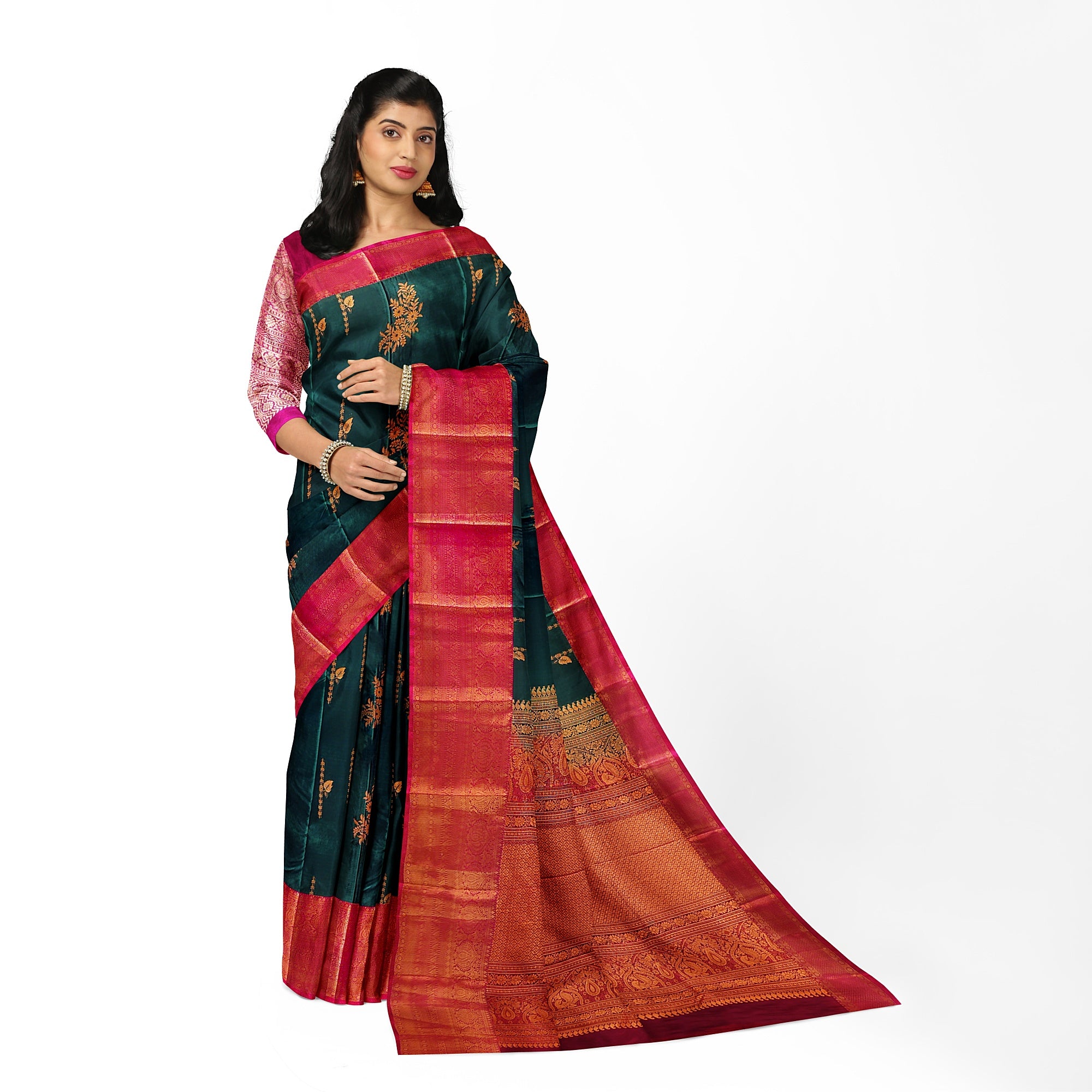 Bottle Green Saree with Red Border and Gold Zari - New Sudarshan Silks`