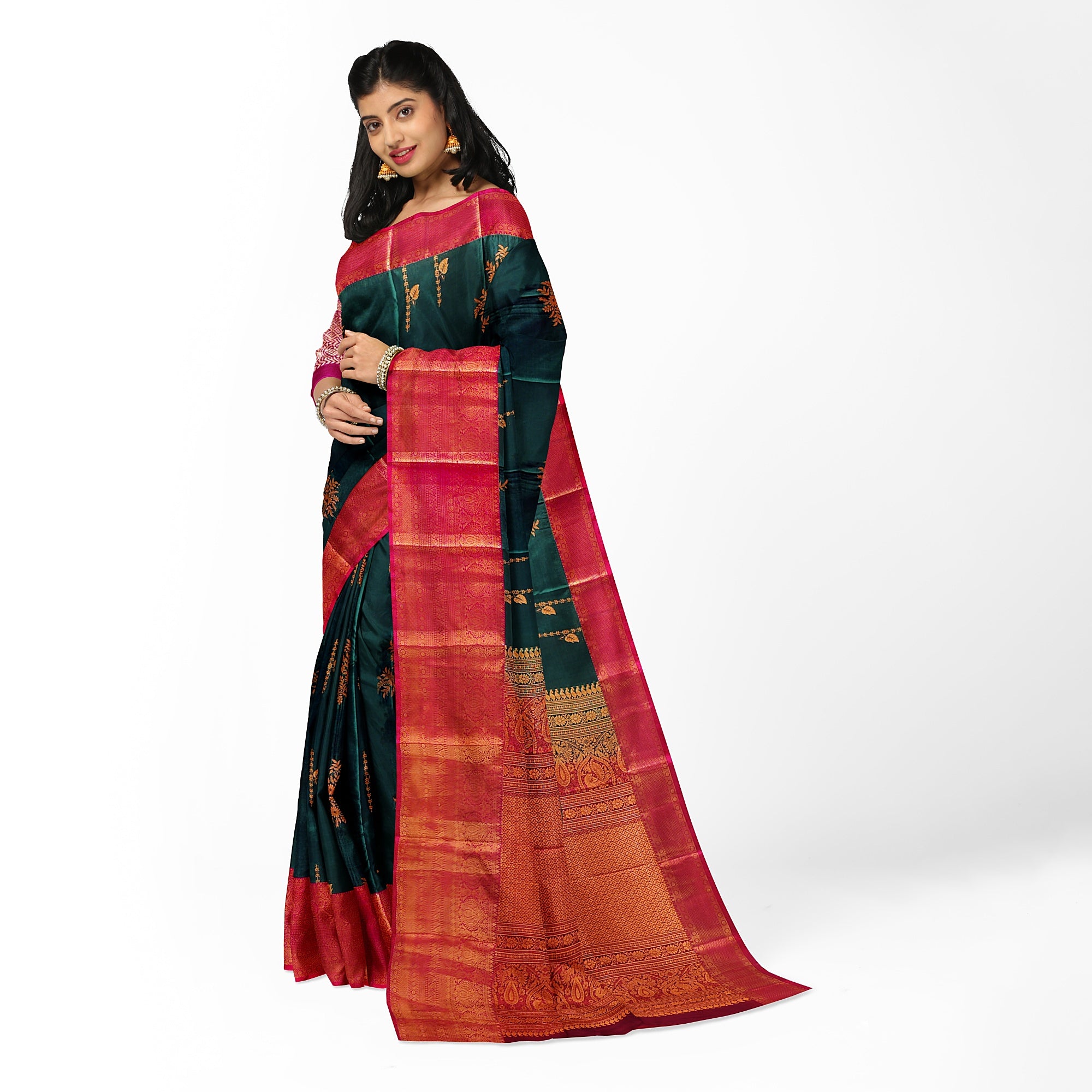 Bottle Green Saree with Red Border and Gold Zari - New Sudarshan Silks`