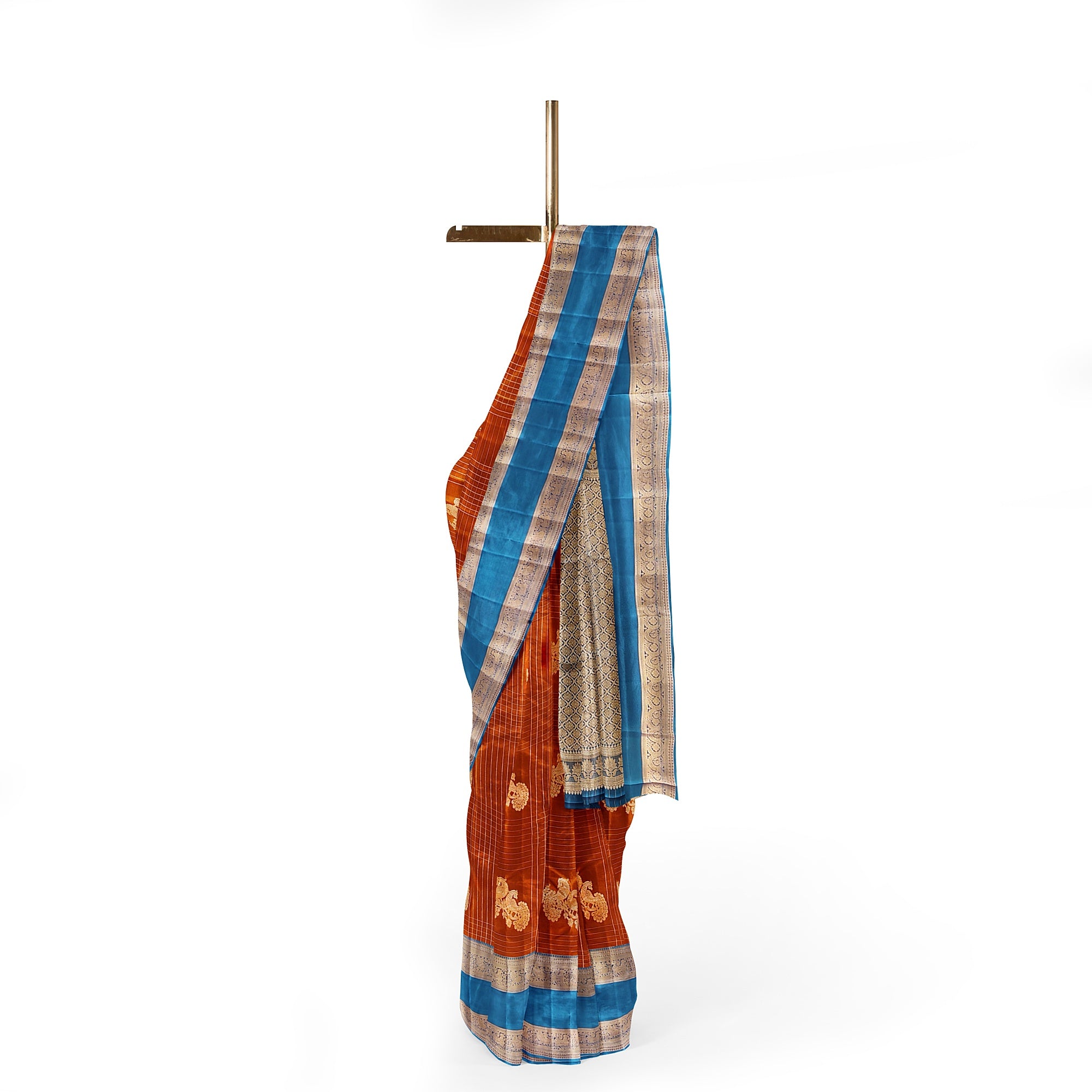 Brick Brown Semi Kanchi Saree with Rama Blue Bentex Border – A Fusion of Tradition and Sophistication - New Sudarshan Silks`